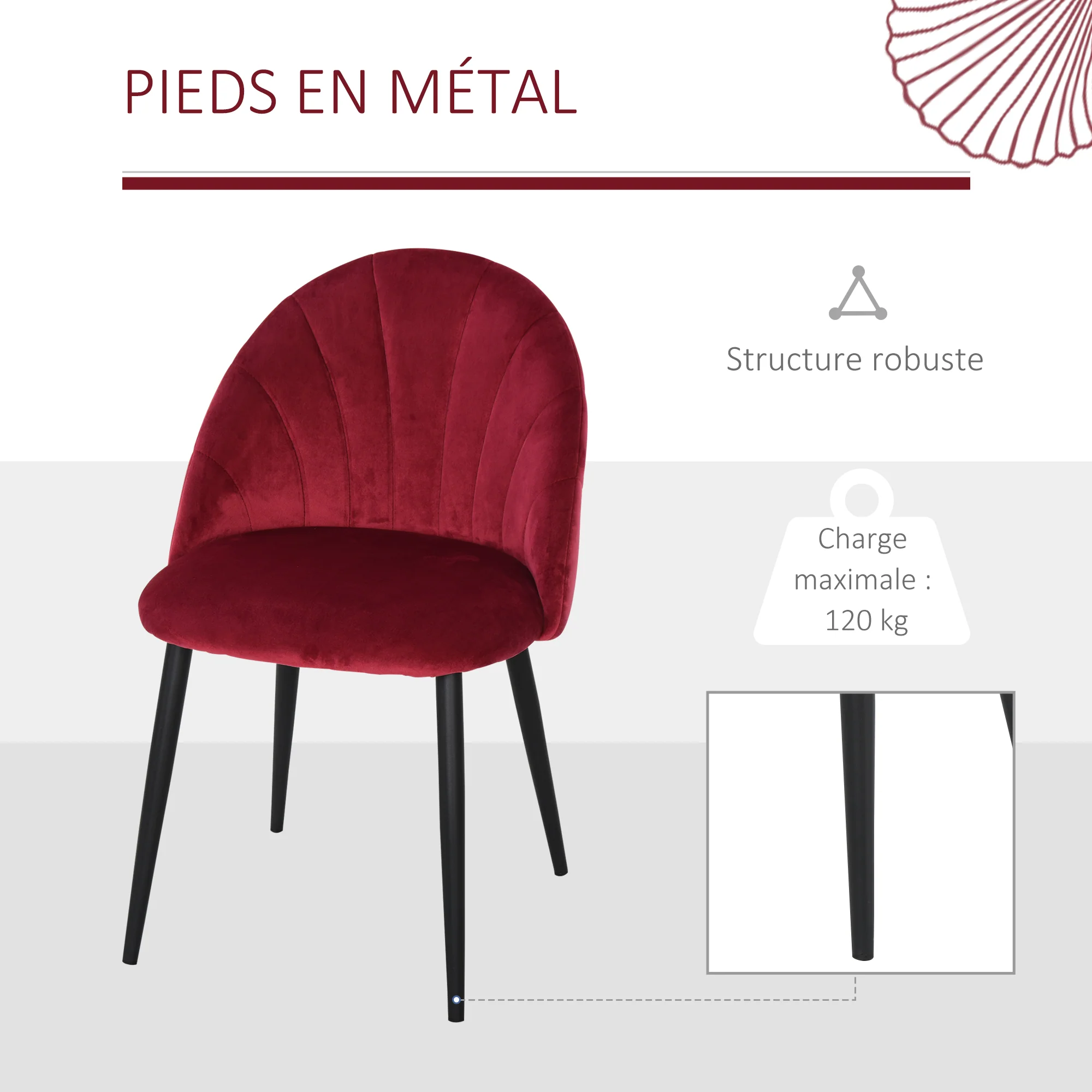 Lot de 2 chaises de salle à manger chaise de cuisine Velours Bordeaux Pieds métal Noir dim. 52L x 54l x 79H cm - Image 6