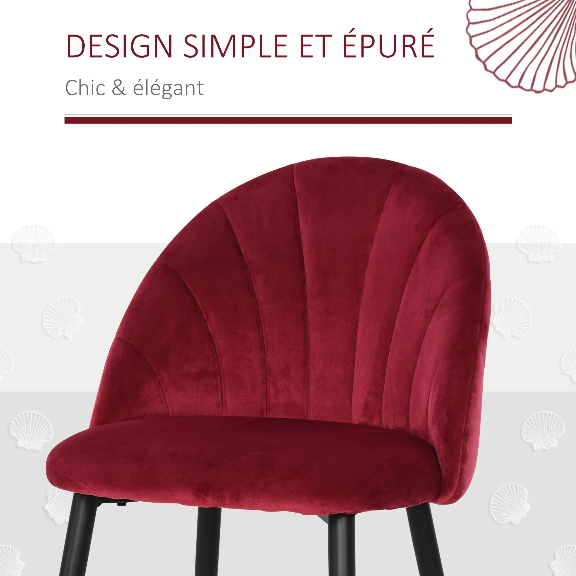 Lot de 2 chaises de salle à manger chaise de cuisine Velours Bordeaux Pieds métal Noir dim. 52L x 54l x 79H cm - Image 7