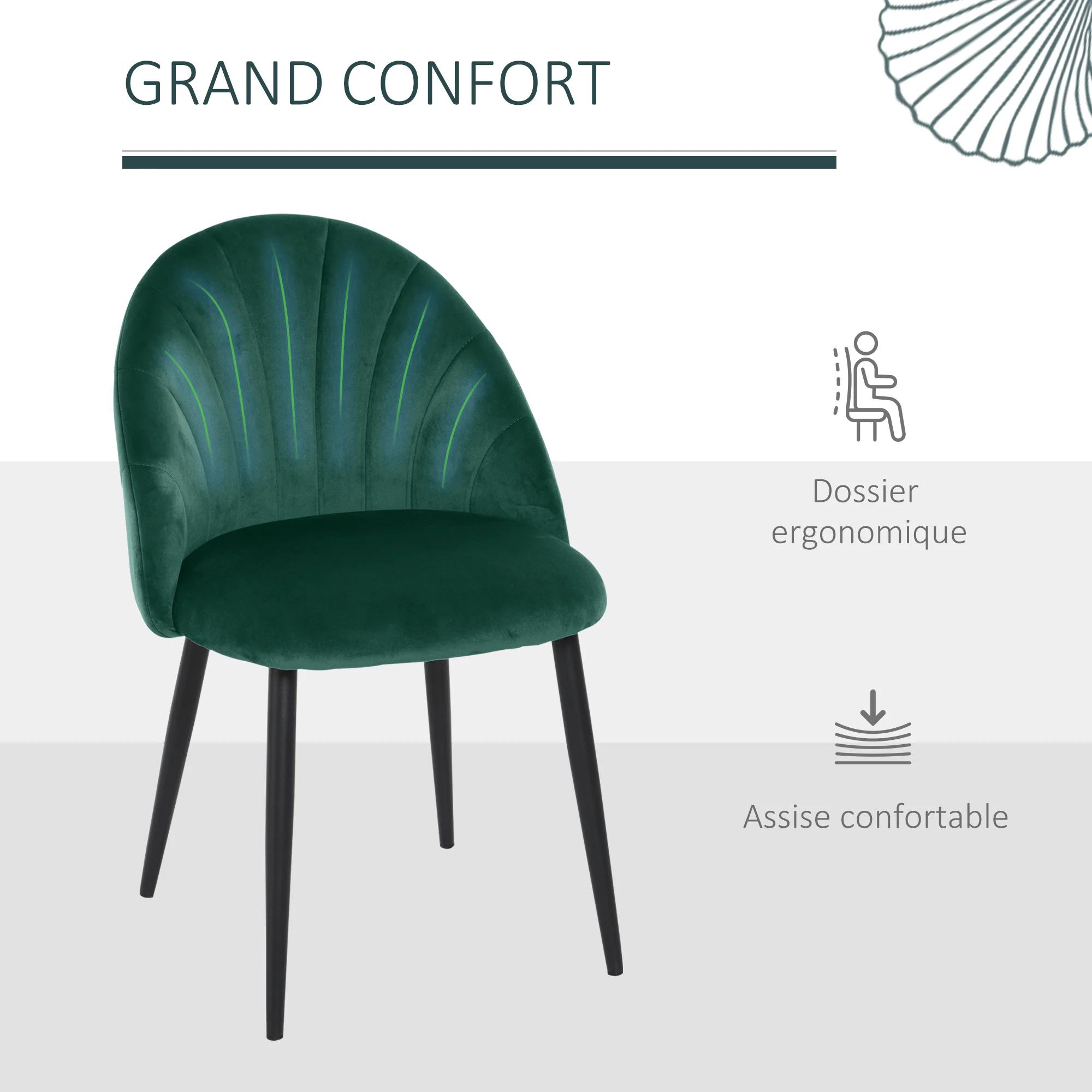 Lot de 2 chaises de Salle à Manger Chaise de Cuisine Velours Pieds métal vert dim. 52L x 54l x 79H cm - Image 6
