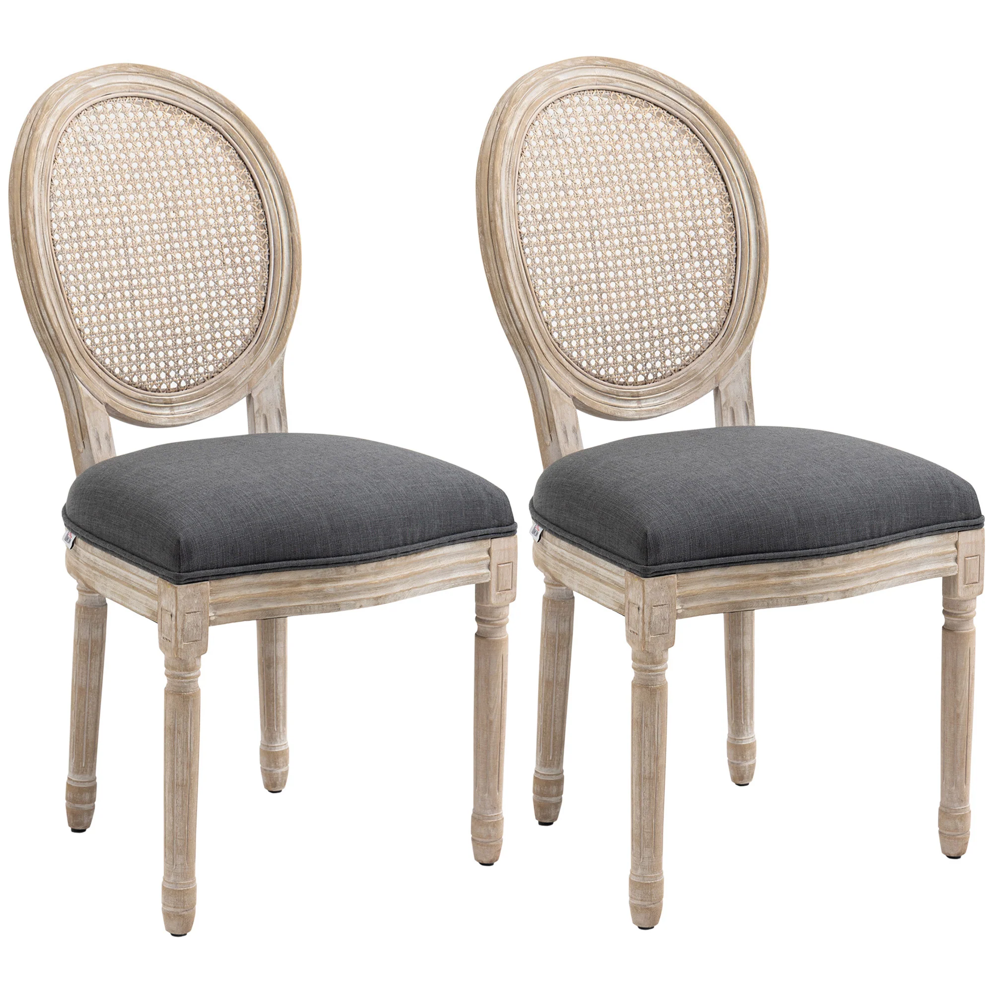 Lot de 2 chaises de Salle à Manger - Chaise de Salon médaillon Style Louis XVI - Bois Massif sculpté, patiné - Dossier cannage - Aspect Lin Gris