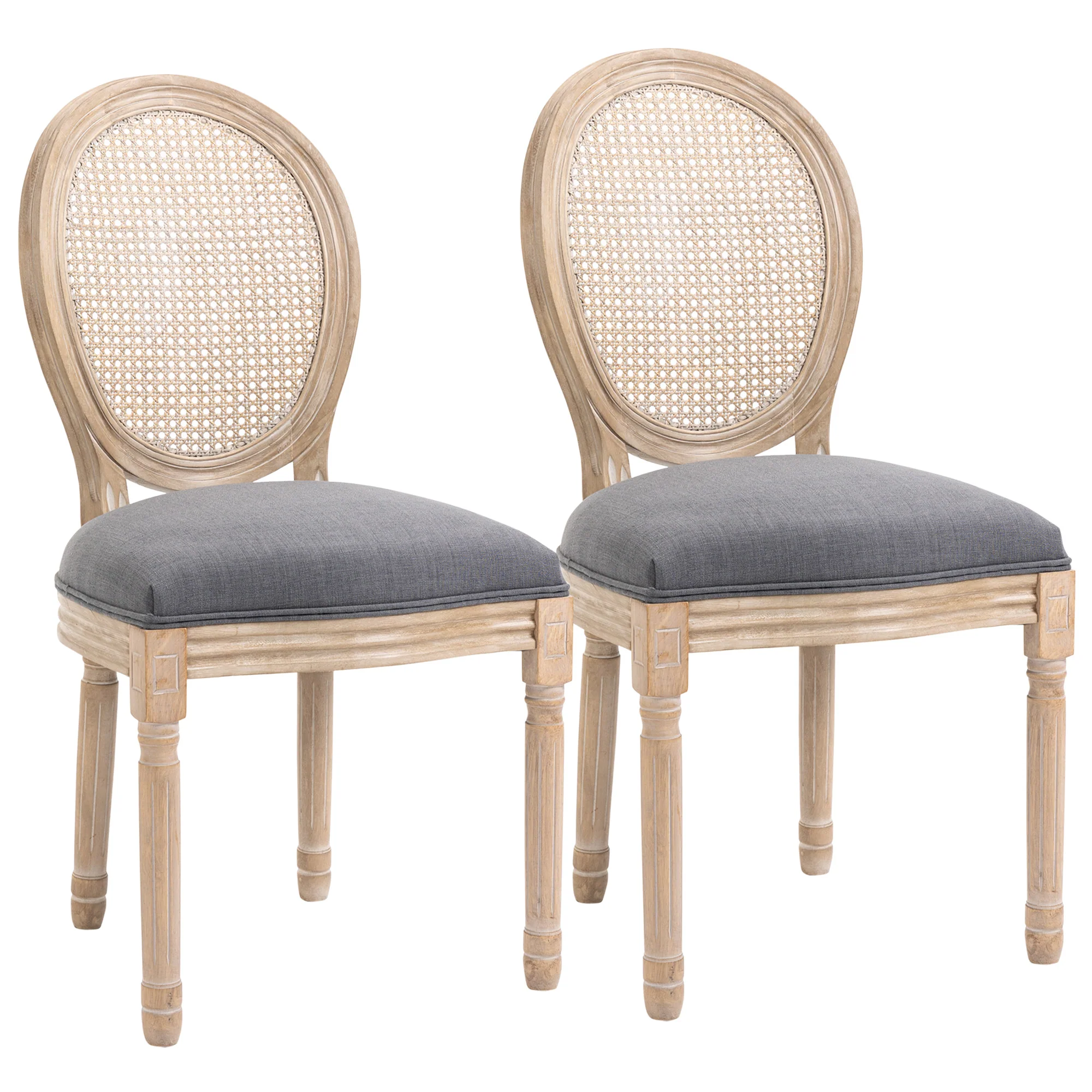 Lot de 2 chaises de Salle à Manger - Chaise de Salon médaillon Style Louis XVI - Bois Massif sculpté, patiné - Dossier cannage - Aspect Lin Gris - Image 2