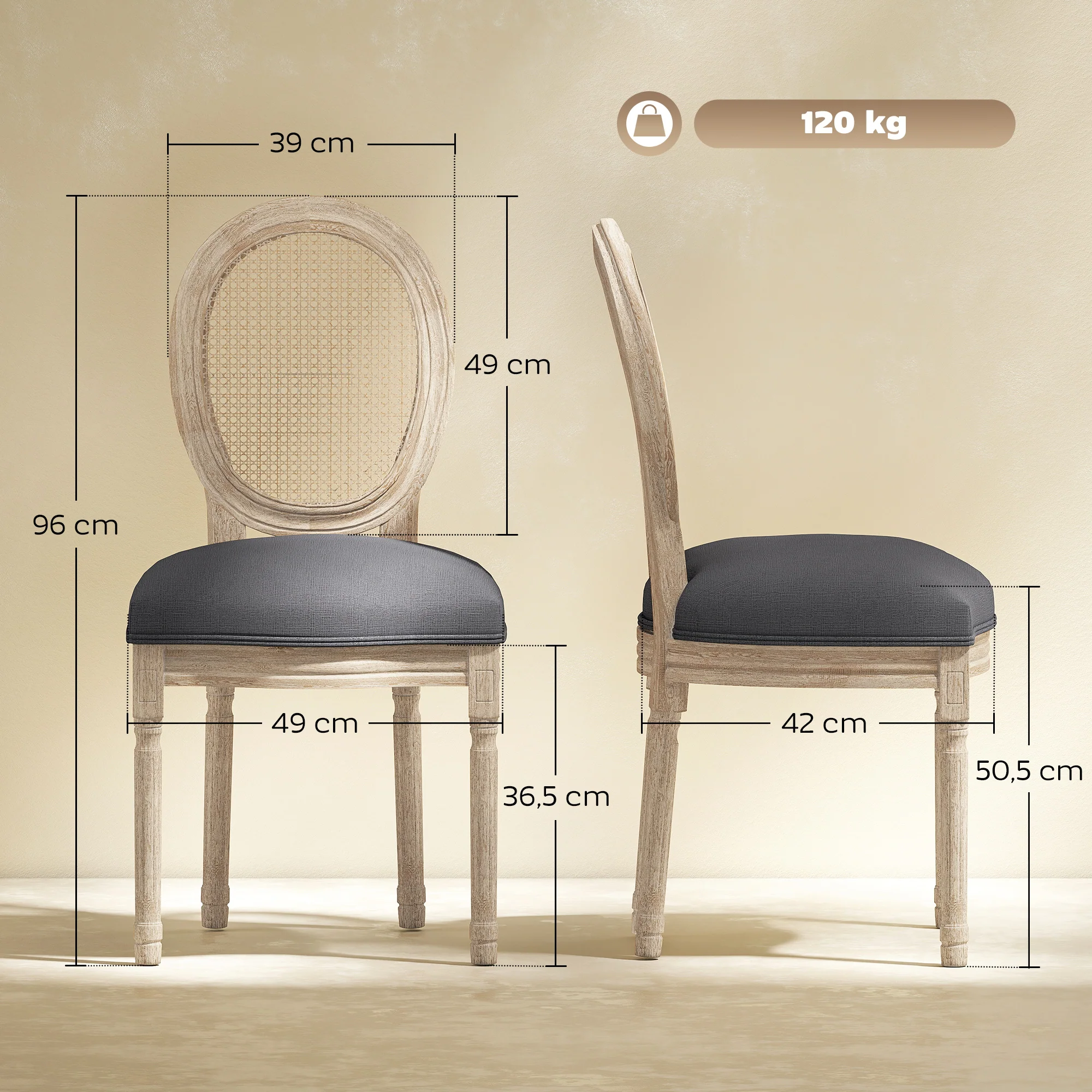 Lot de 2 chaises de Salle à Manger - Chaise de Salon médaillon Style Louis XVI - Bois Massif sculpté, patiné - Dossier cannage - Aspect Lin Gris - Image 4