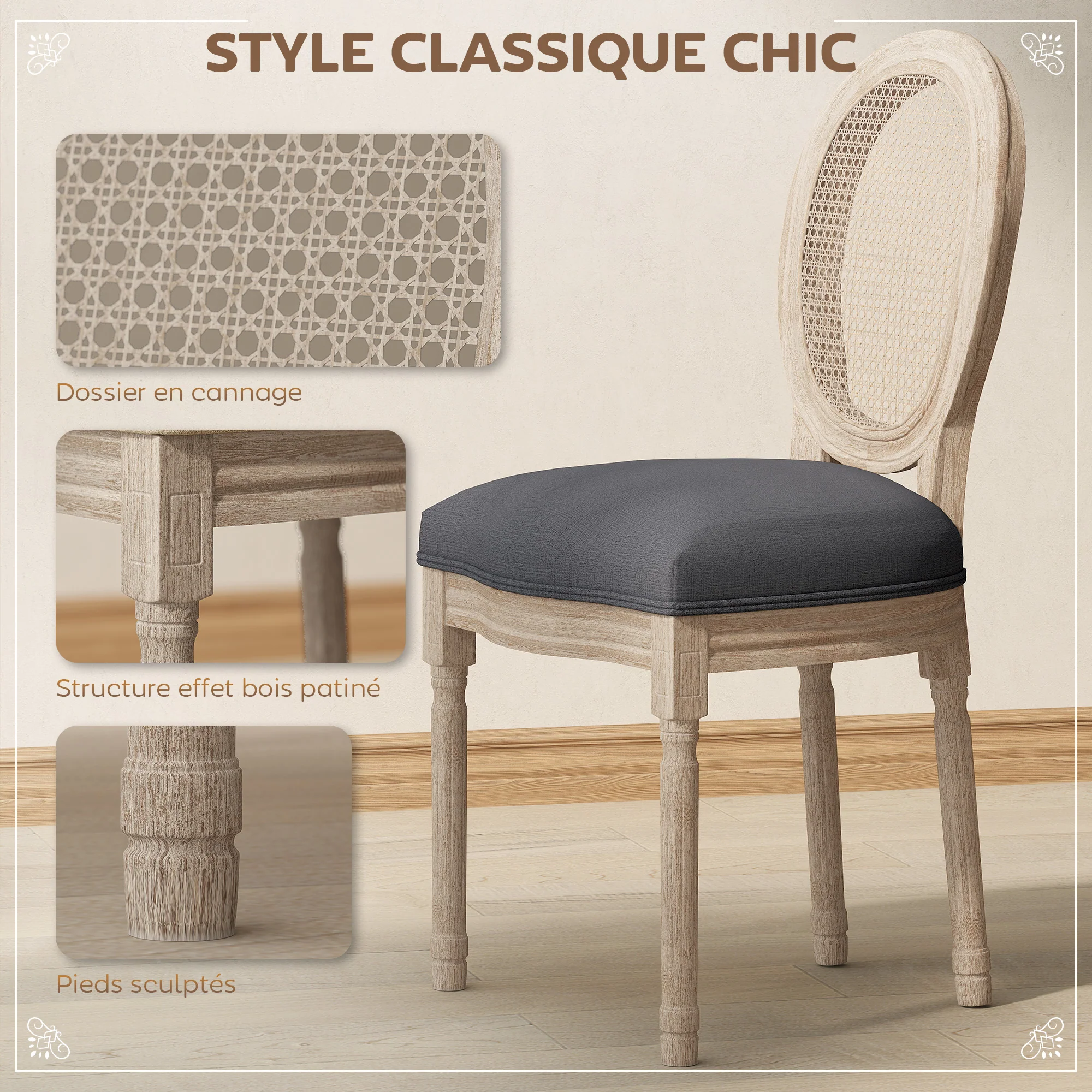 Lot de 2 chaises de Salle à Manger - Chaise de Salon médaillon Style Louis XVI - Bois Massif sculpté, patiné - Dossier cannage - Aspect Lin Gris - Image 5