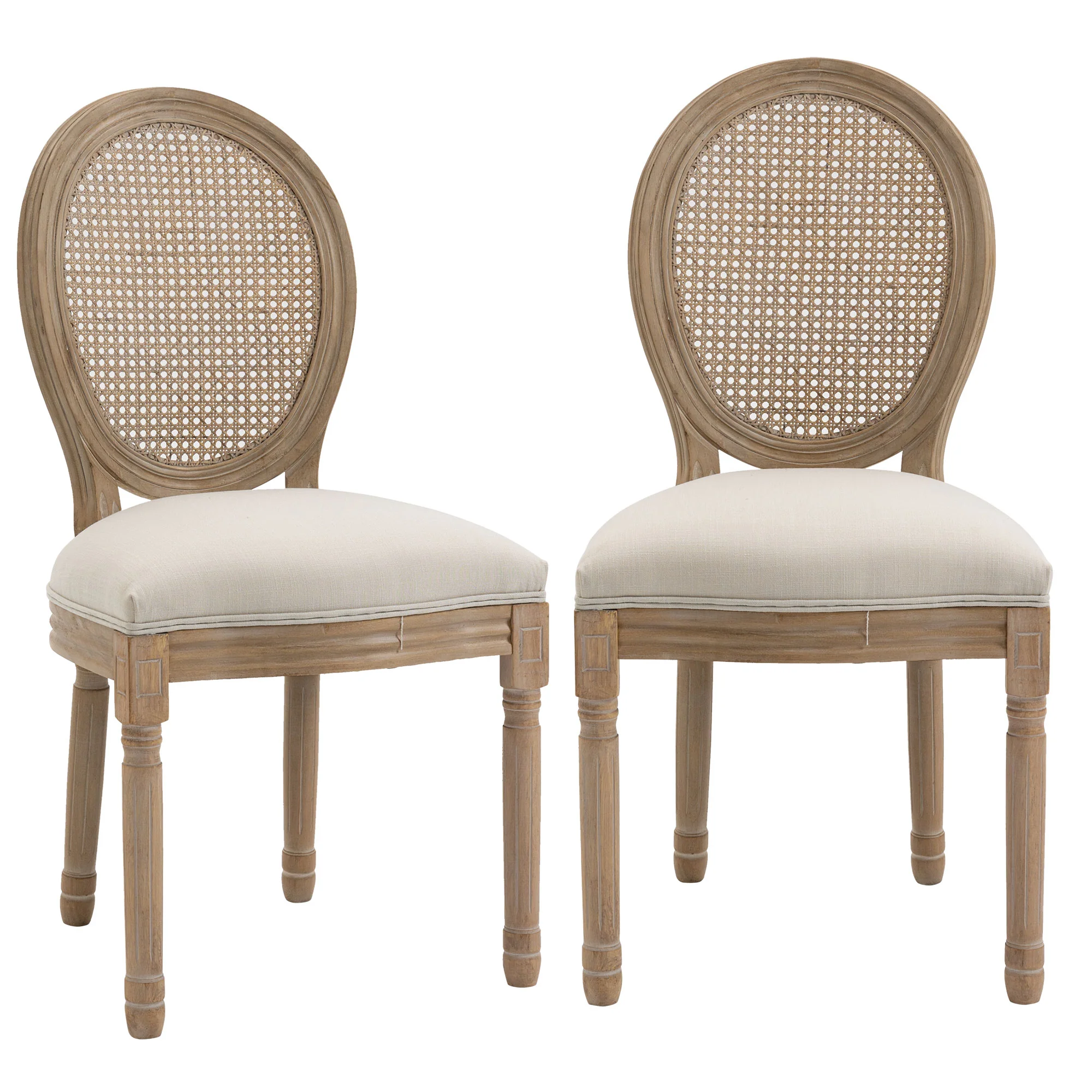 Lot de 2 chaises de Salle à Manger - Chaise de Salon médaillon Style Louis XVI - Bois Massif sculpté, patiné - Dossier cannage - Aspect Lin Crème