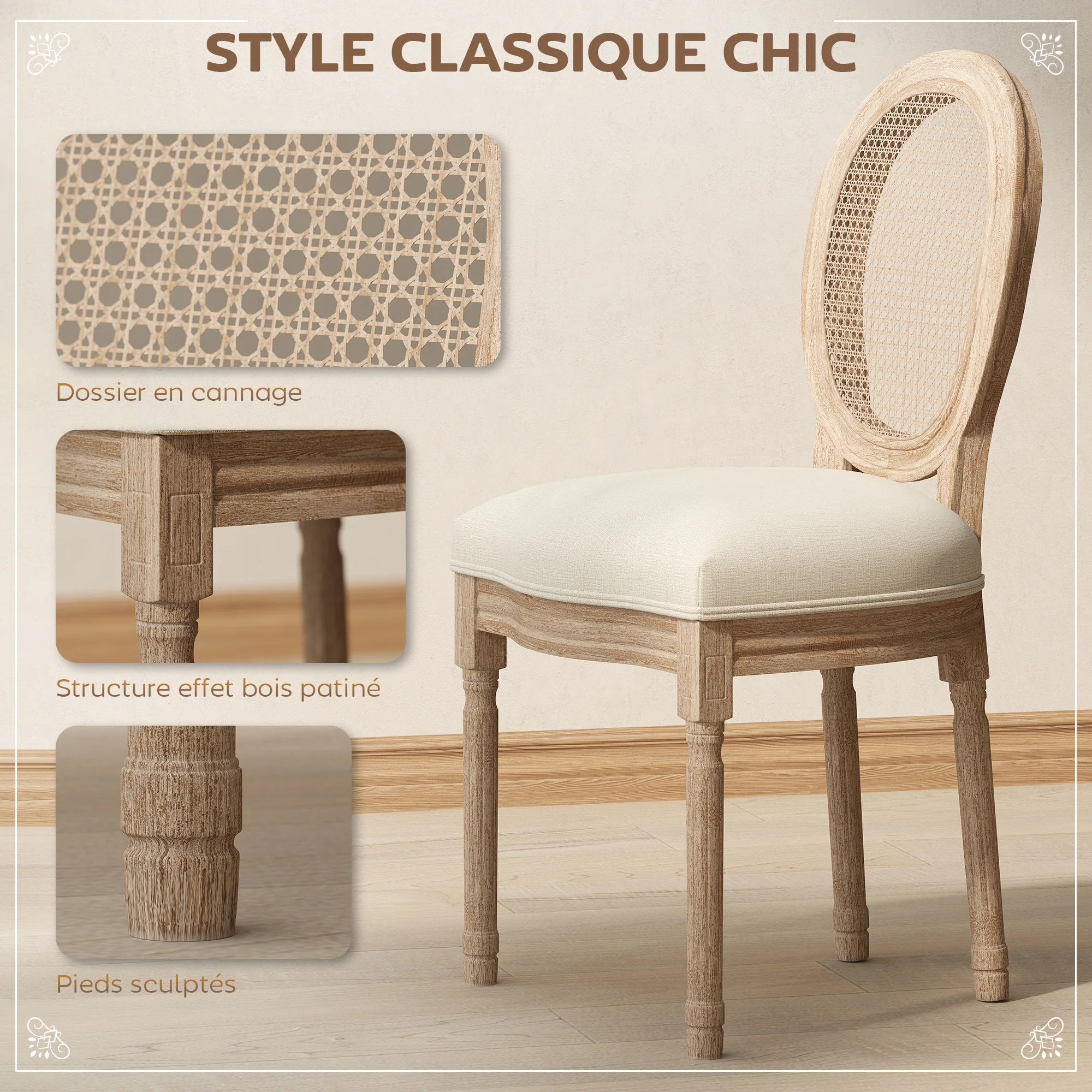 Lot de 2 chaises de Salle à Manger - Chaise de Salon médaillon Style Louis XVI - Bois Massif sculpté, patiné - Dossier cannage - Aspect Lin Crème - Image 5