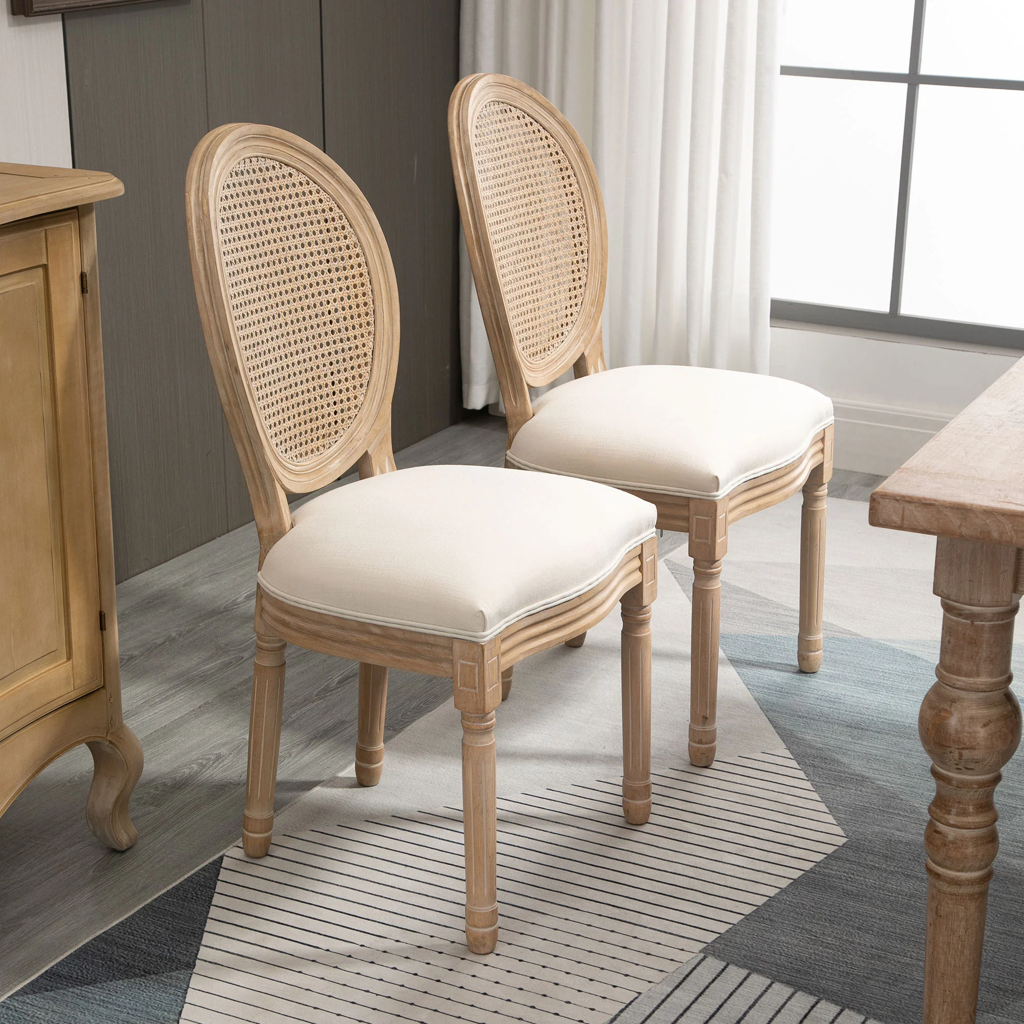 Lot de 2 chaises de Salle à Manger - Chaise de Salon médaillon Style Louis XVI - Bois Massif sculpté, patiné - Dossier cannage - Aspect Lin Crème - Image 8