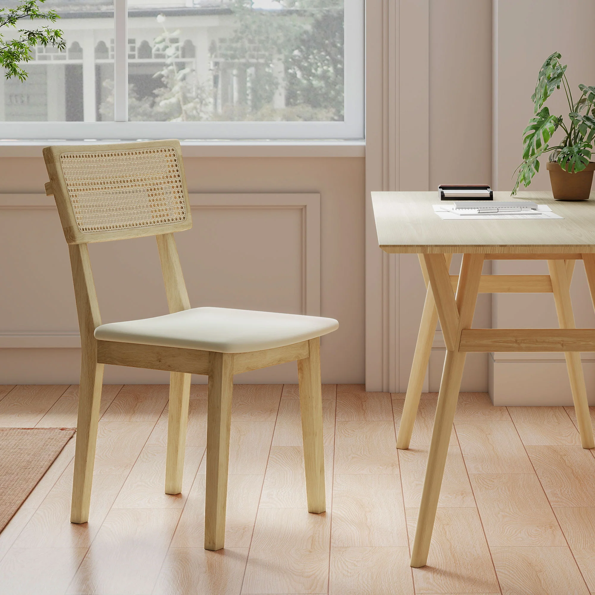 Lot de 2 chaises de salle à manger, chaises de cuisine modernes avec dossier effet rotin, cadre en bois d'hévéa, pour salon, chambre, cuisine, effet bois naturel - Image 10