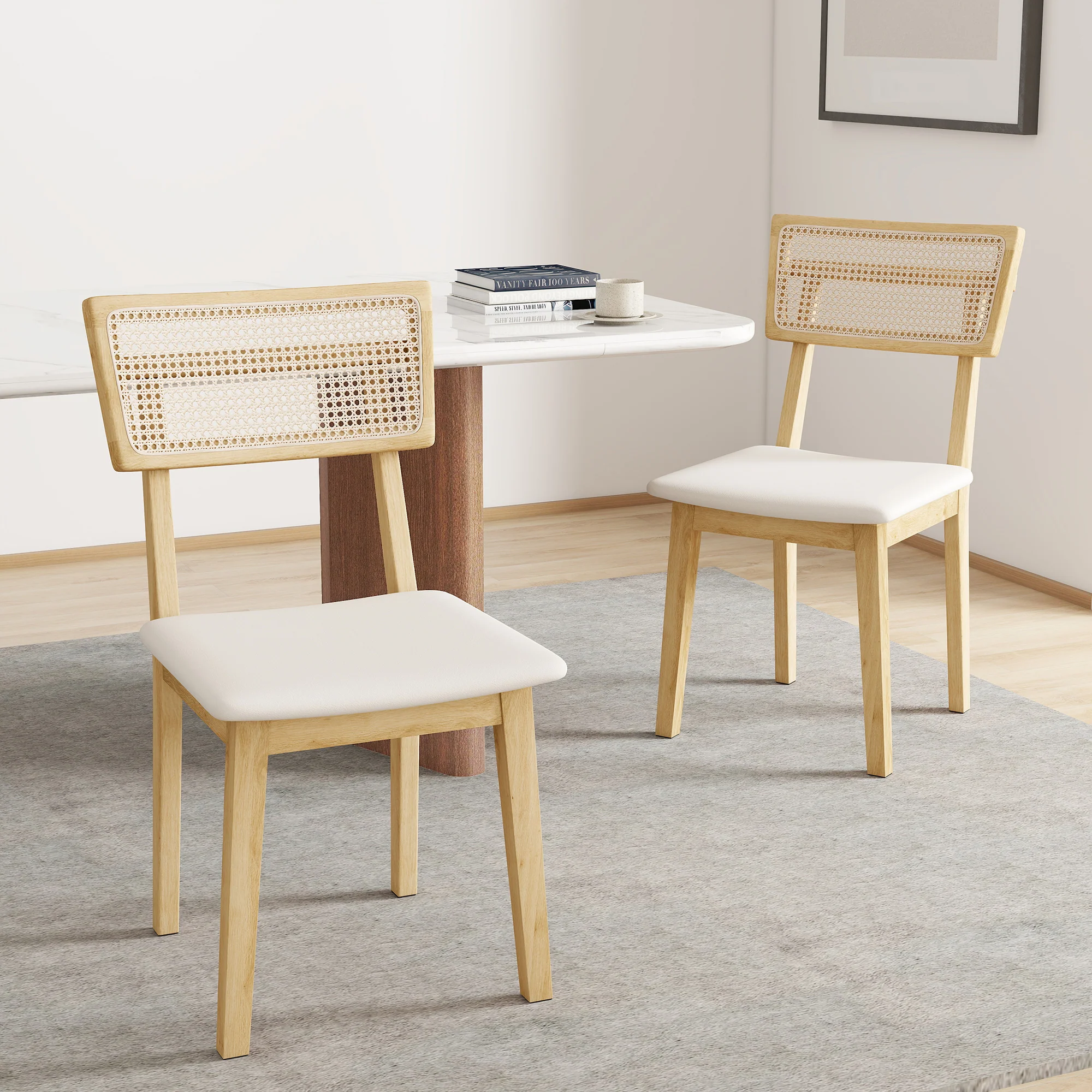 Lot de 2 chaises de salle à manger, chaises de cuisine modernes avec dossier effet rotin, cadre en bois d'hévéa, pour salon, chambre, cuisine, effet bois naturel - Image 3