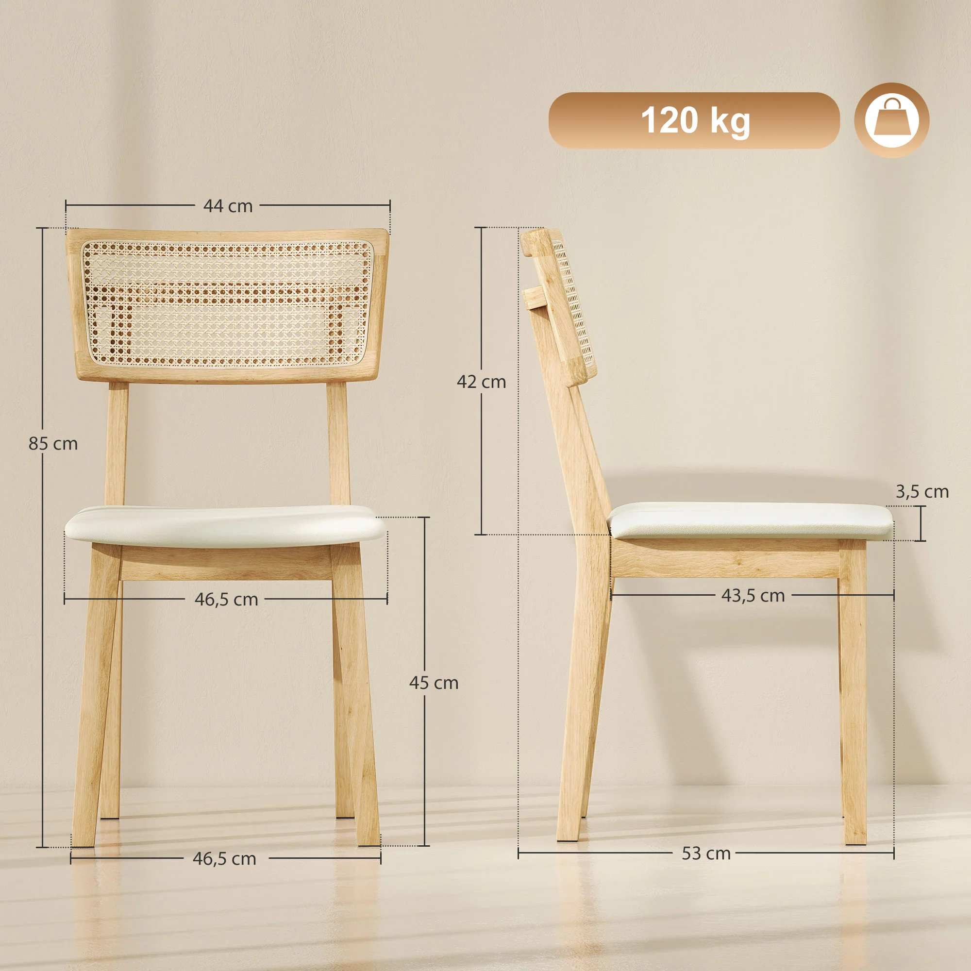 Lot de 2 chaises de salle à manger, chaises de cuisine modernes avec dossier effet rotin, cadre en bois d'hévéa, pour salon, chambre, cuisine, effet bois naturel - Image 4