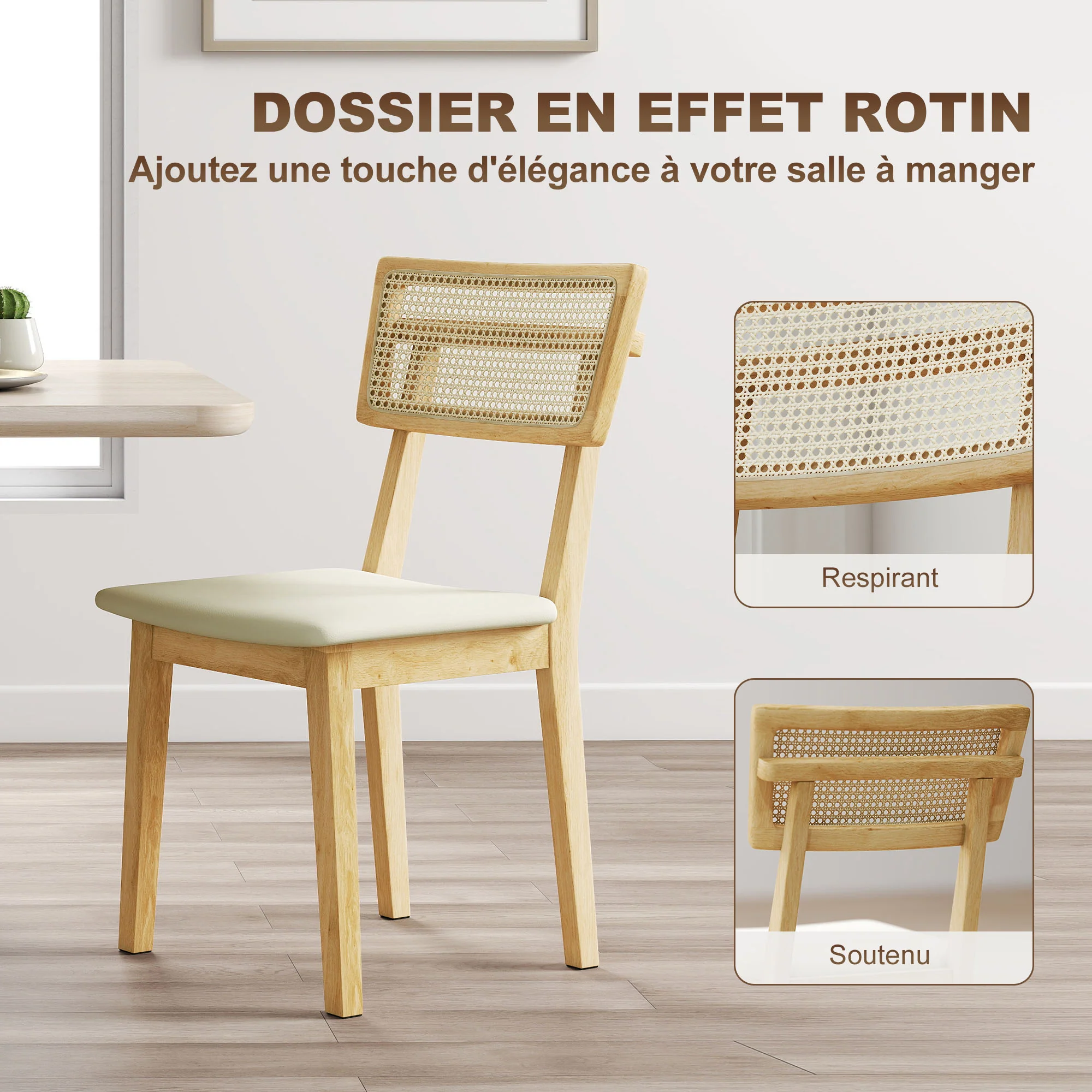 Lot de 2 chaises de salle à manger, chaises de cuisine modernes avec dossier effet rotin, cadre en bois d'hévéa, pour salon, chambre, cuisine, effet bois naturel - Image 5