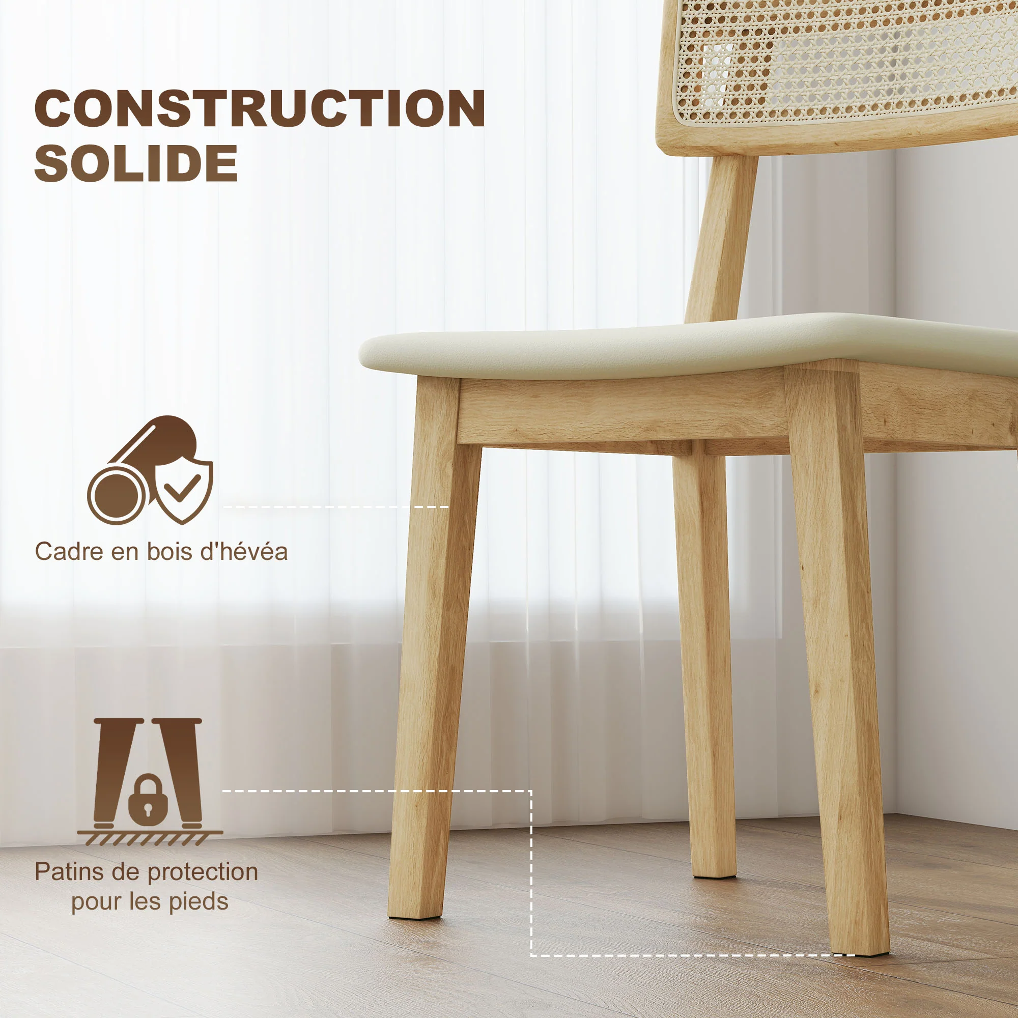 Lot de 2 chaises de salle à manger, chaises de cuisine modernes avec dossier effet rotin, cadre en bois d'hévéa, pour salon, chambre, cuisine, effet bois naturel - Image 7