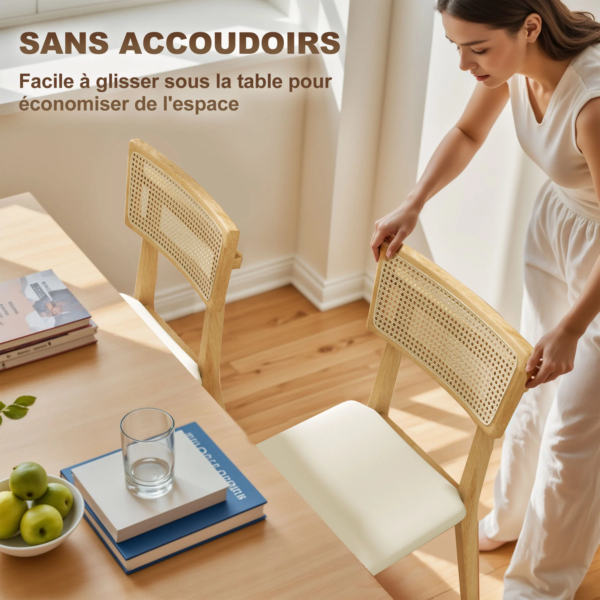 Lot de 2 chaises de salle à manger, chaises de cuisine modernes avec dossier effet rotin, cadre en bois d'hévéa, pour salon, chambre, cuisine, effet bois naturel - Image 8