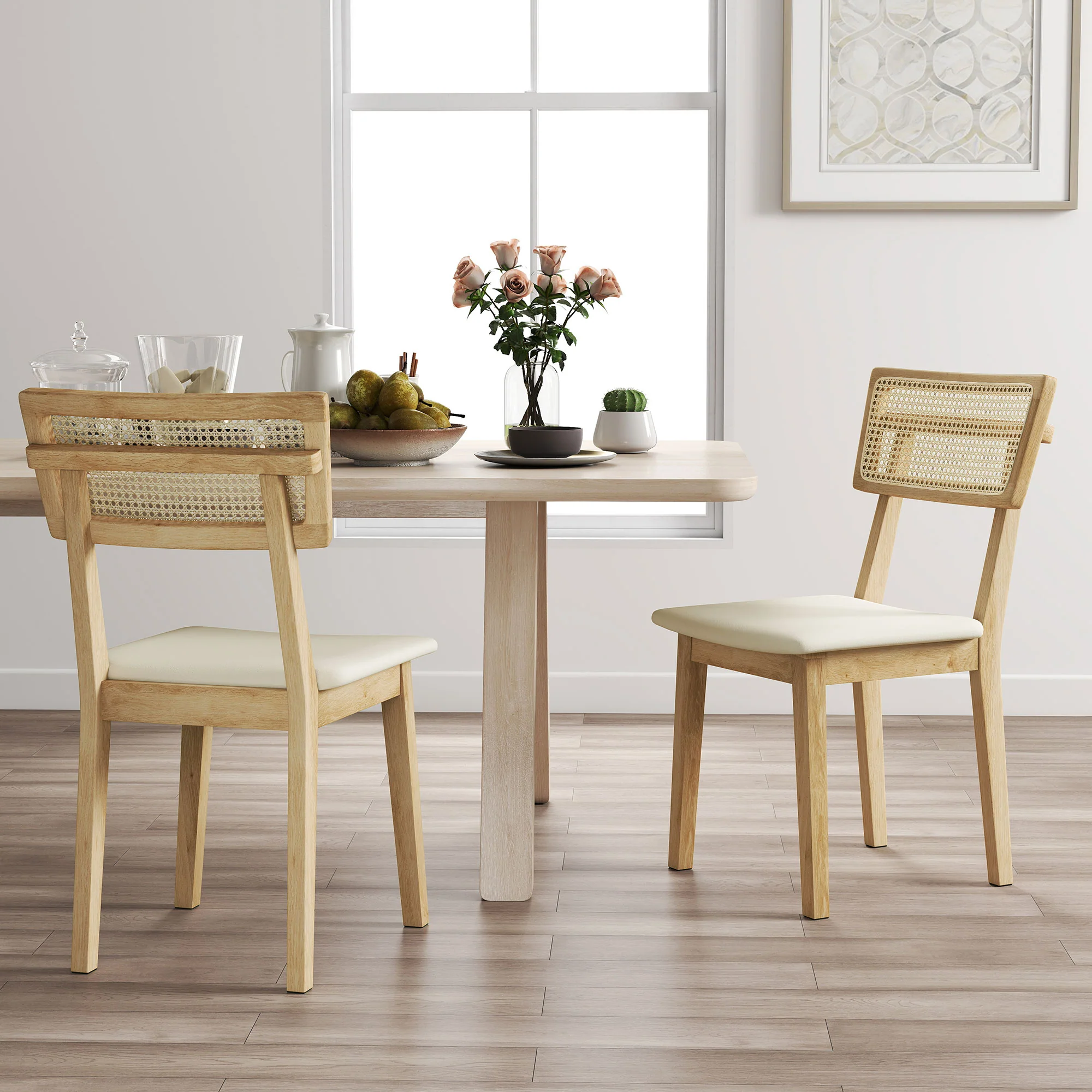 Lot de 2 chaises de salle à manger, chaises de cuisine modernes avec dossier effet rotin, cadre en bois d'hévéa, pour salon, chambre, cuisine, effet bois naturel - Image 9