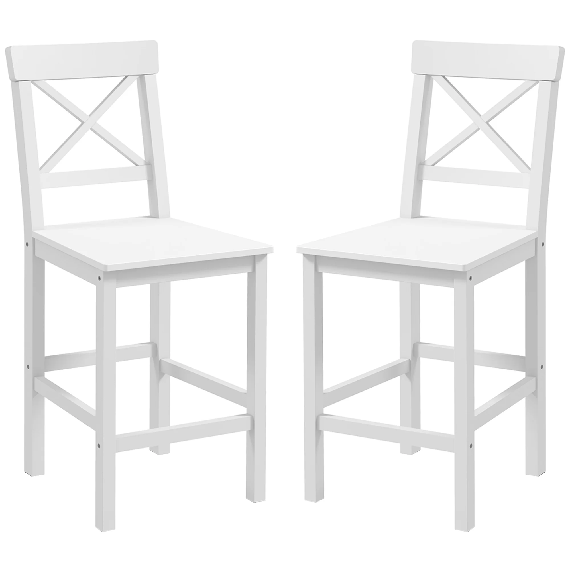 Lot de 2 chaises hautes, chaises de bar style campagne chic en bois hauteur 60 cm avec repose-pieds, dim. 41L x 46l x 97,5H cm blanc