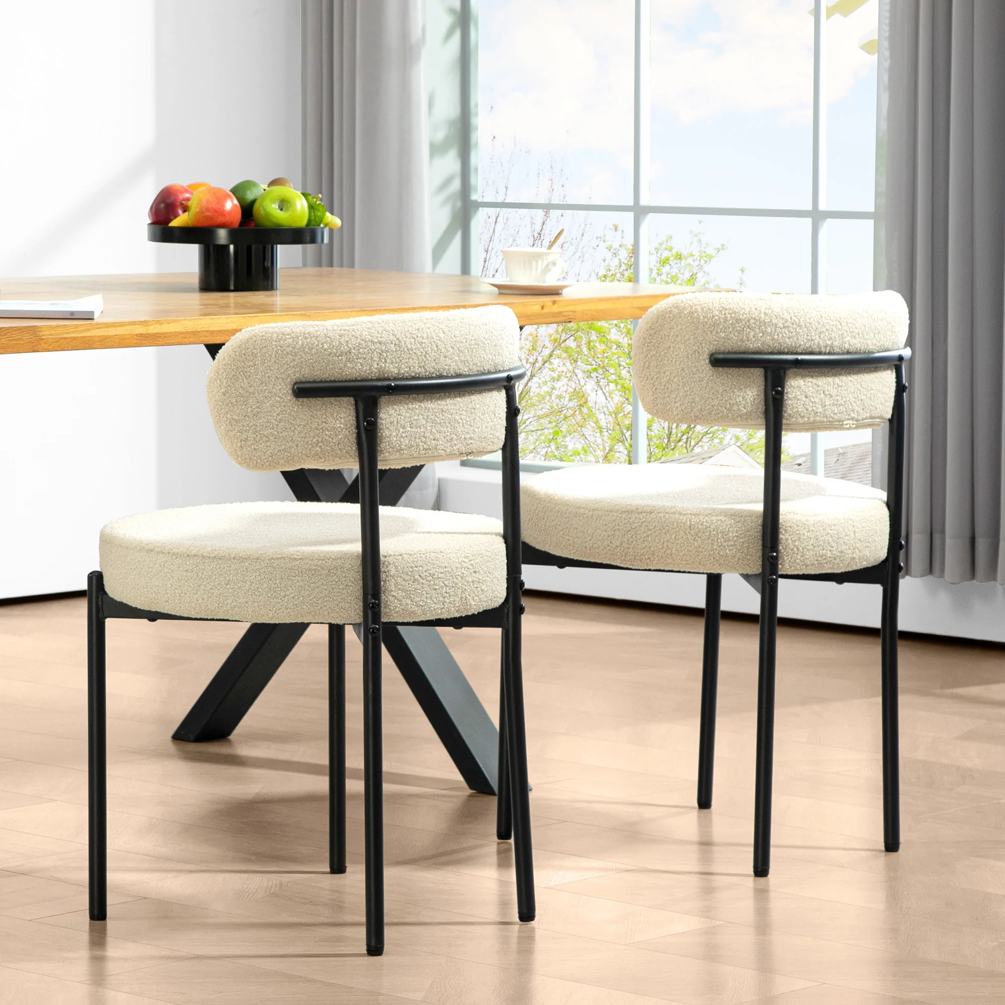 Lot de 2 chaises salle à manger chaise de cuisine moderne chaise de salon rembourrée en tissu effet laine boucleé avec dossier et pieds en acier noir, pour salon chambre, beige - Image 8