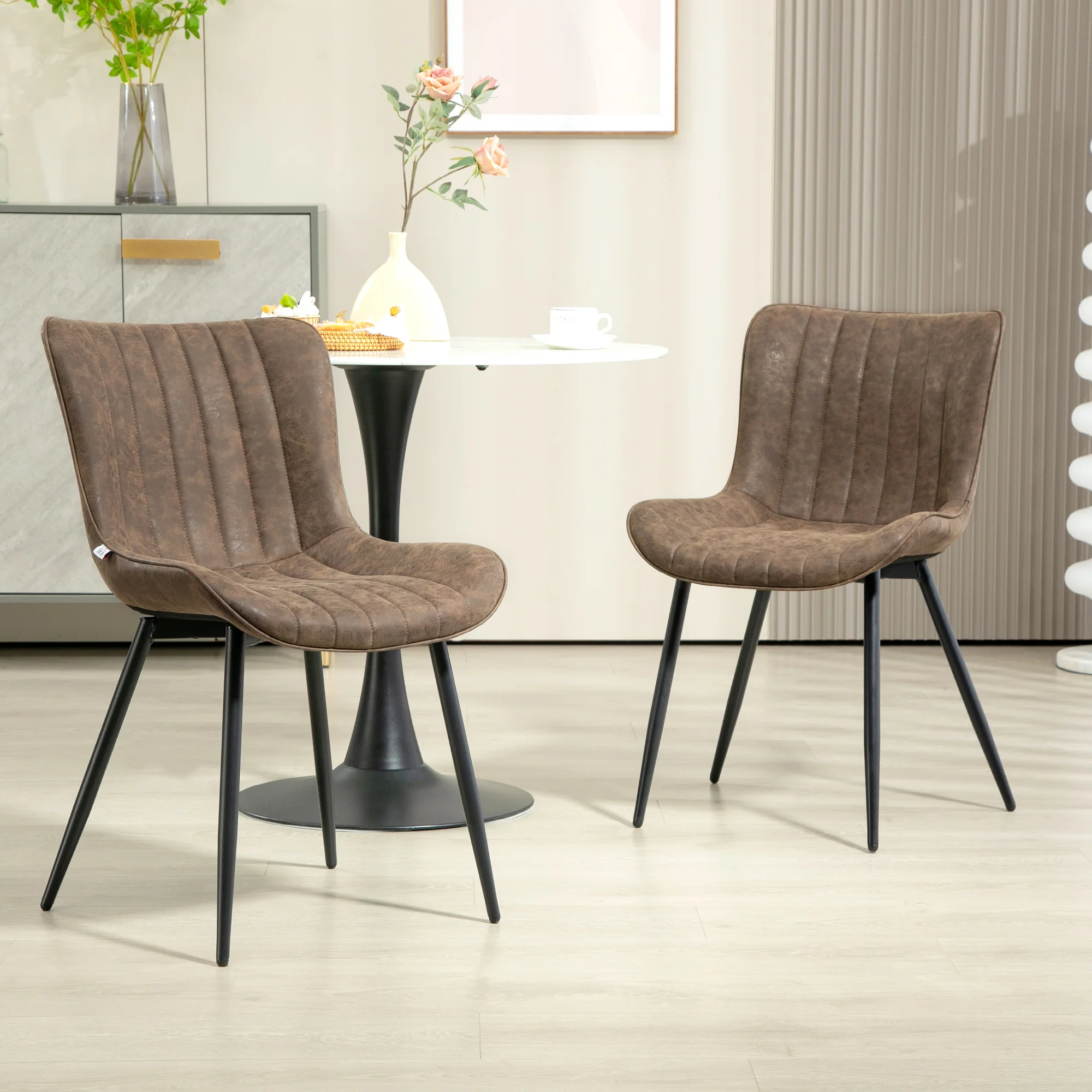 Lot de 2 chaises salle à manger chaise de cuisine moderne en revêtement synthétique avec design capitonné et pieds en métal, pour salon, salle à manger, chambre à coucher, marron - Image 3