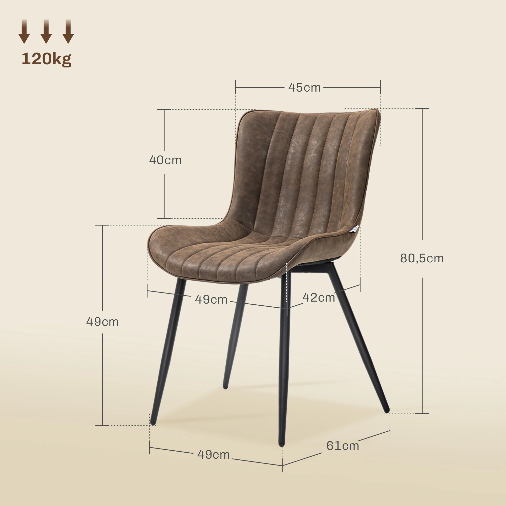 Lot de 2 chaises salle à manger chaise de cuisine moderne en revêtement synthétique avec design capitonné et pieds en métal, pour salon, salle à manger, chambre à coucher, marron - Image 4