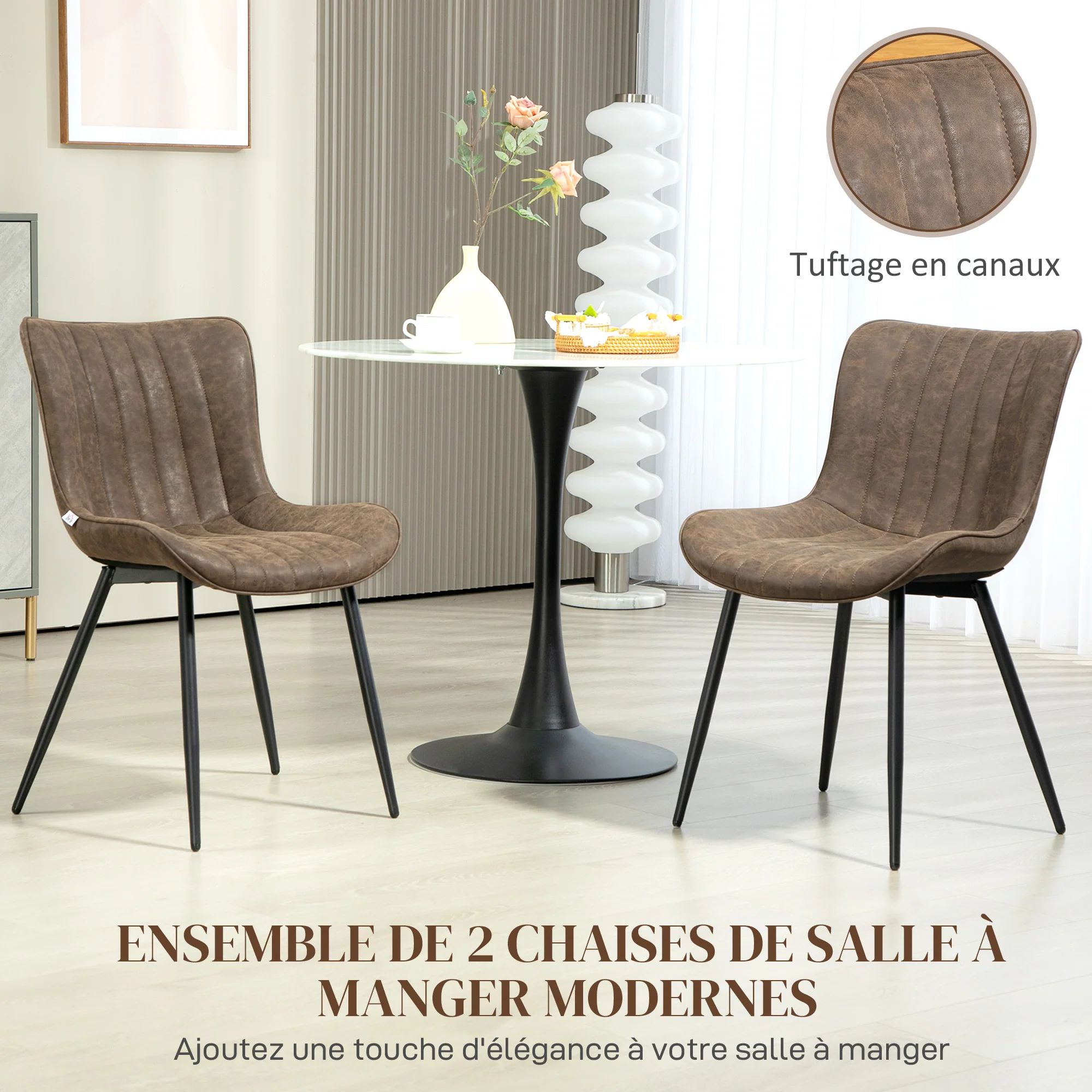 Lot de 2 chaises salle à manger chaise de cuisine moderne en revêtement synthétique avec design capitonné et pieds en métal, pour salon, salle à manger, chambre à coucher, marron - Image 5