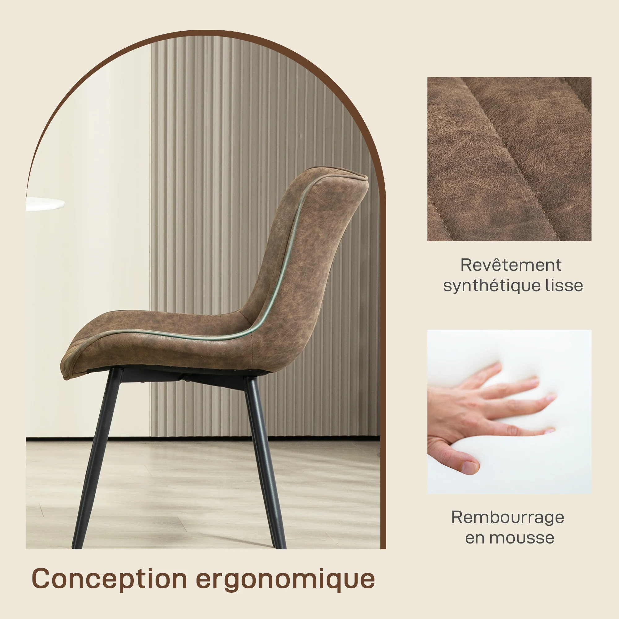 Lot de 2 chaises salle à manger chaise de cuisine moderne en revêtement synthétique avec design capitonné et pieds en métal, pour salon, salle à manger, chambre à coucher, marron - Image 6