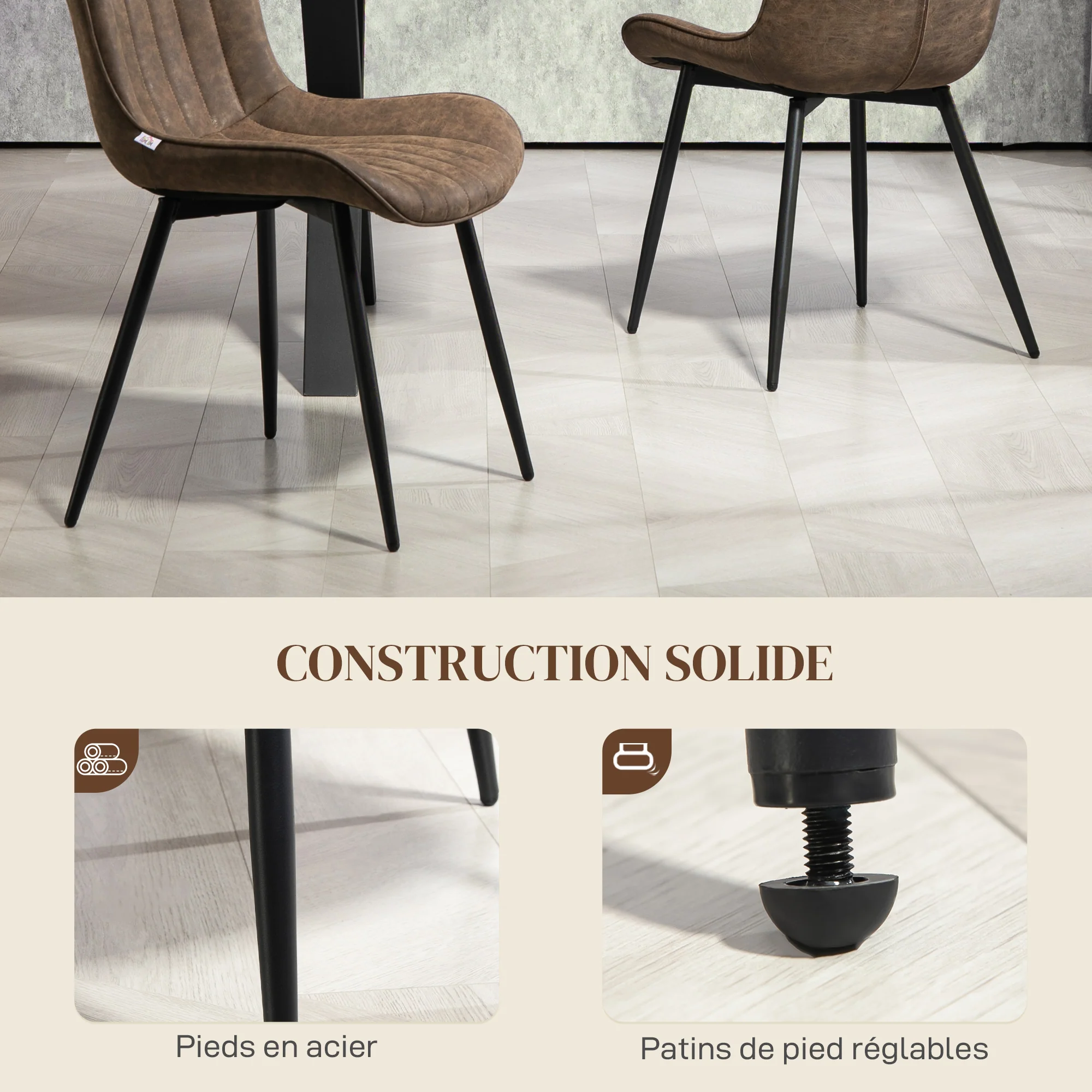 Lot de 2 chaises salle à manger chaise de cuisine moderne en revêtement synthétique avec design capitonné et pieds en métal, pour salon, salle à manger, chambre à coucher, marron - Image 7
