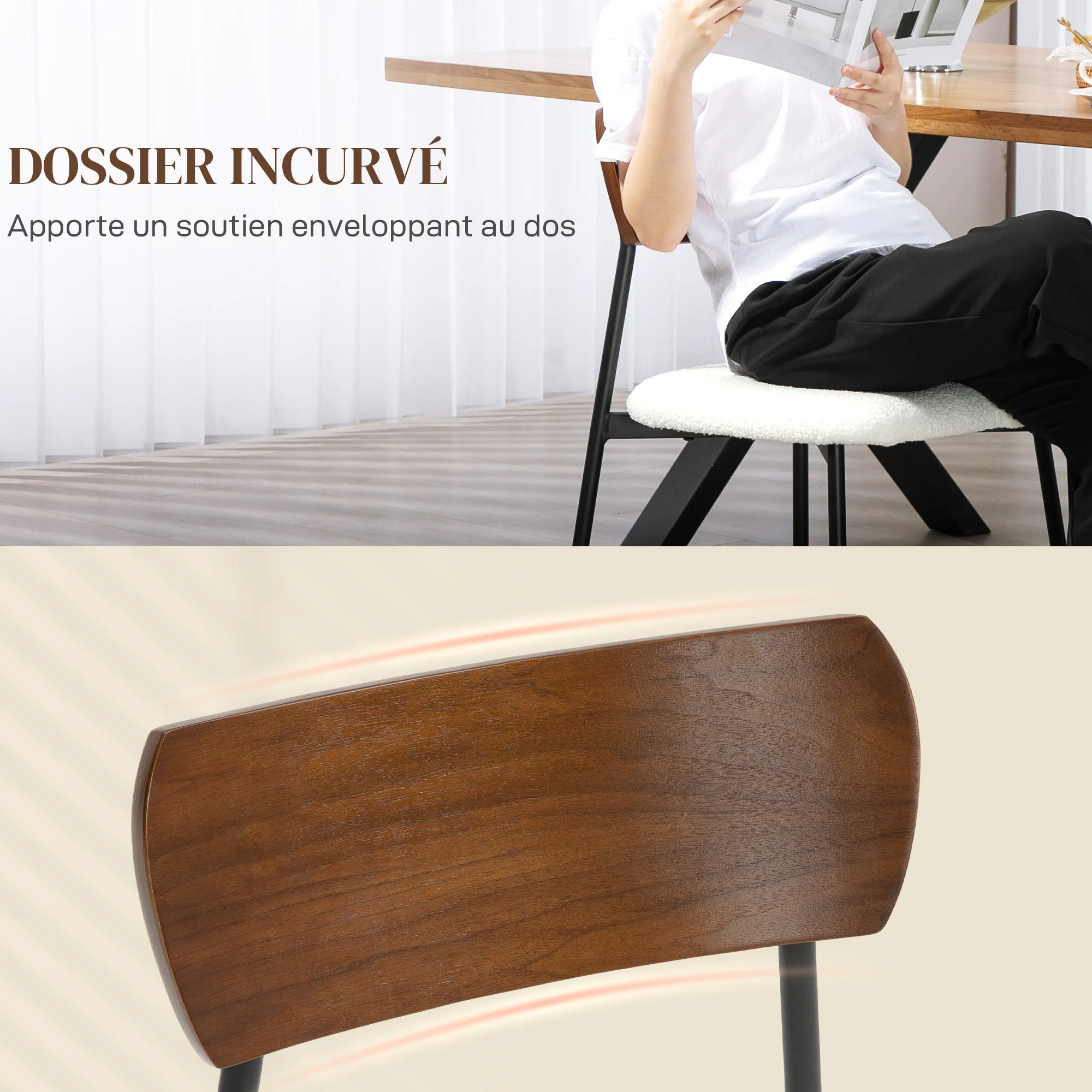 Lot de 2 chaises salle à manger chaise de cuisine vintage chaise de salon rembourrée avec assise effet bouclette, dossier courbé effet bois pour salon, salle à manger, chambre, crème et marron - Image 6