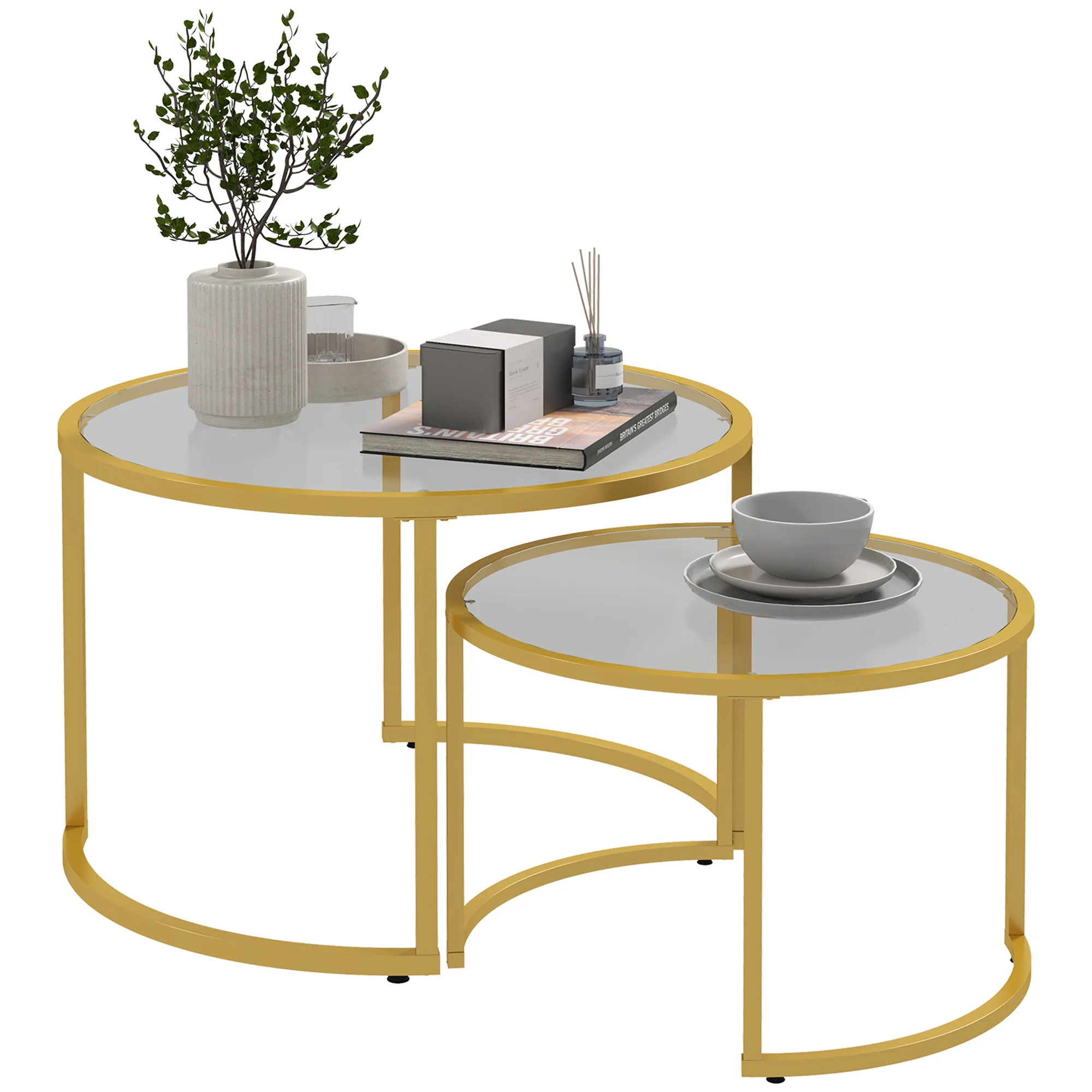 Lot de 2 tables basses gigognes rondes 70/54 cm plateau verre trempé et pied en acier au carbone design moderne doré