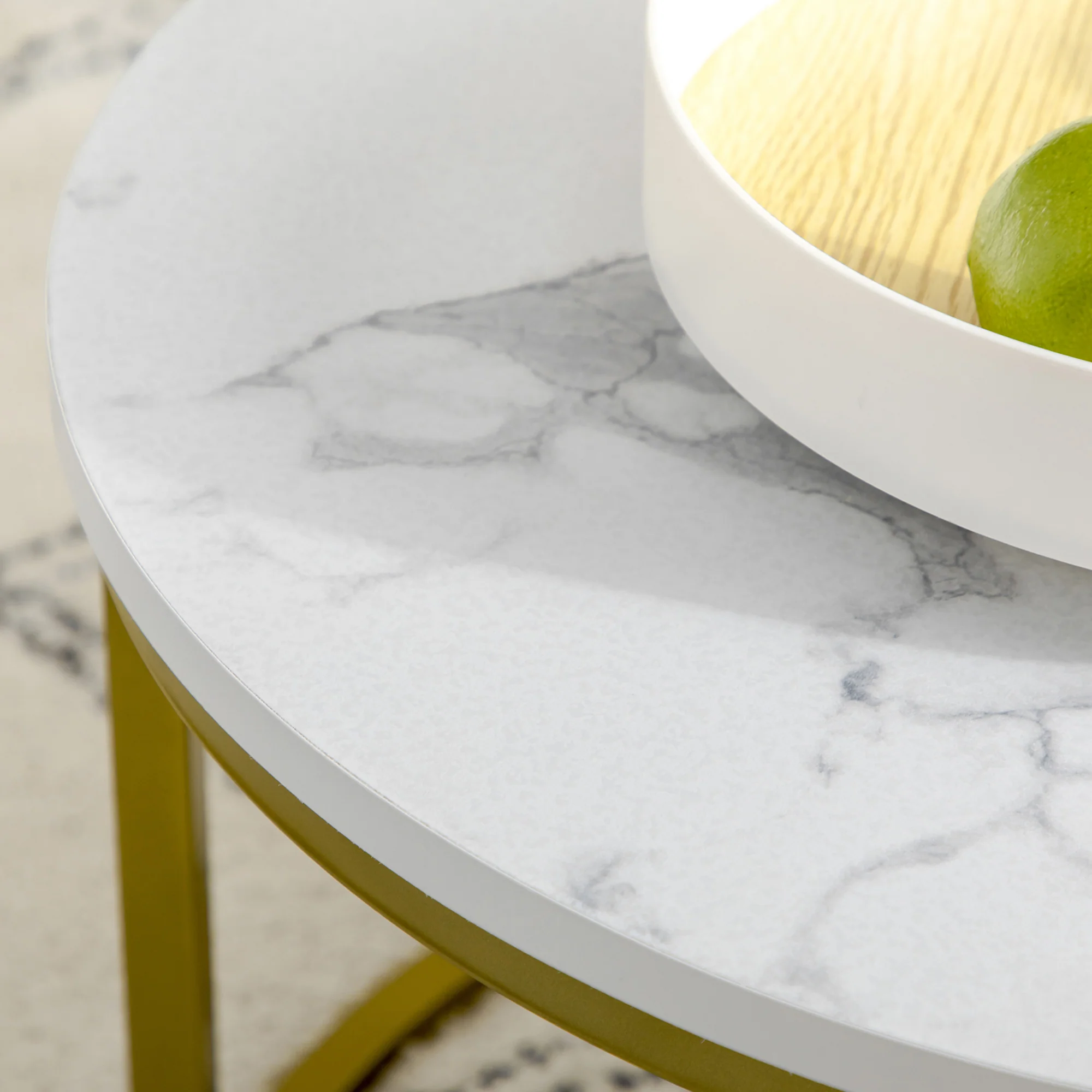 Lot de 2 tables basses gigognes tables rondes plateau blanc aspect marbre et pied en acier doré - Image 10