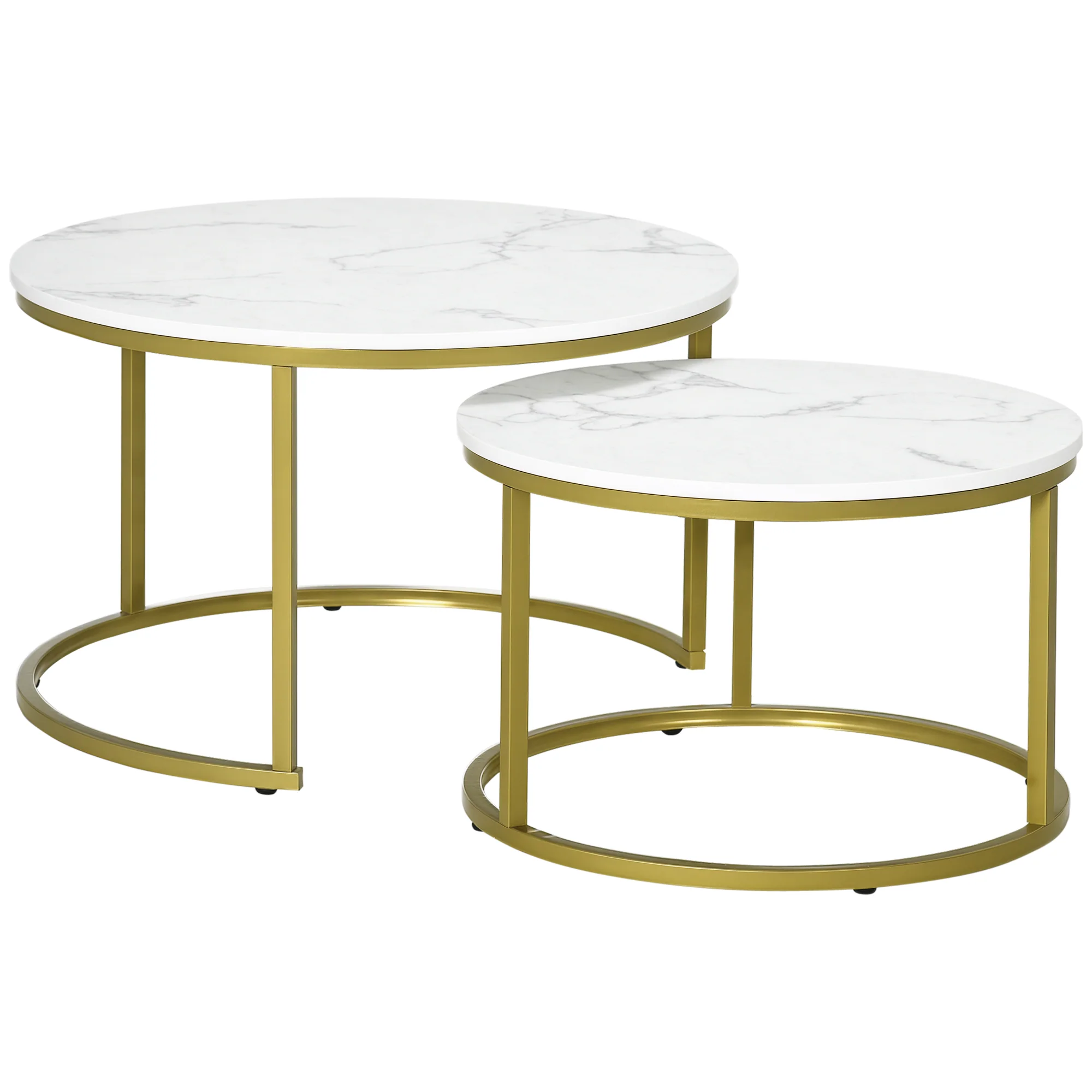 Lot de 2 tables basses gigognes tables rondes plateau blanc aspect marbre et pied en acier doré - Image 11