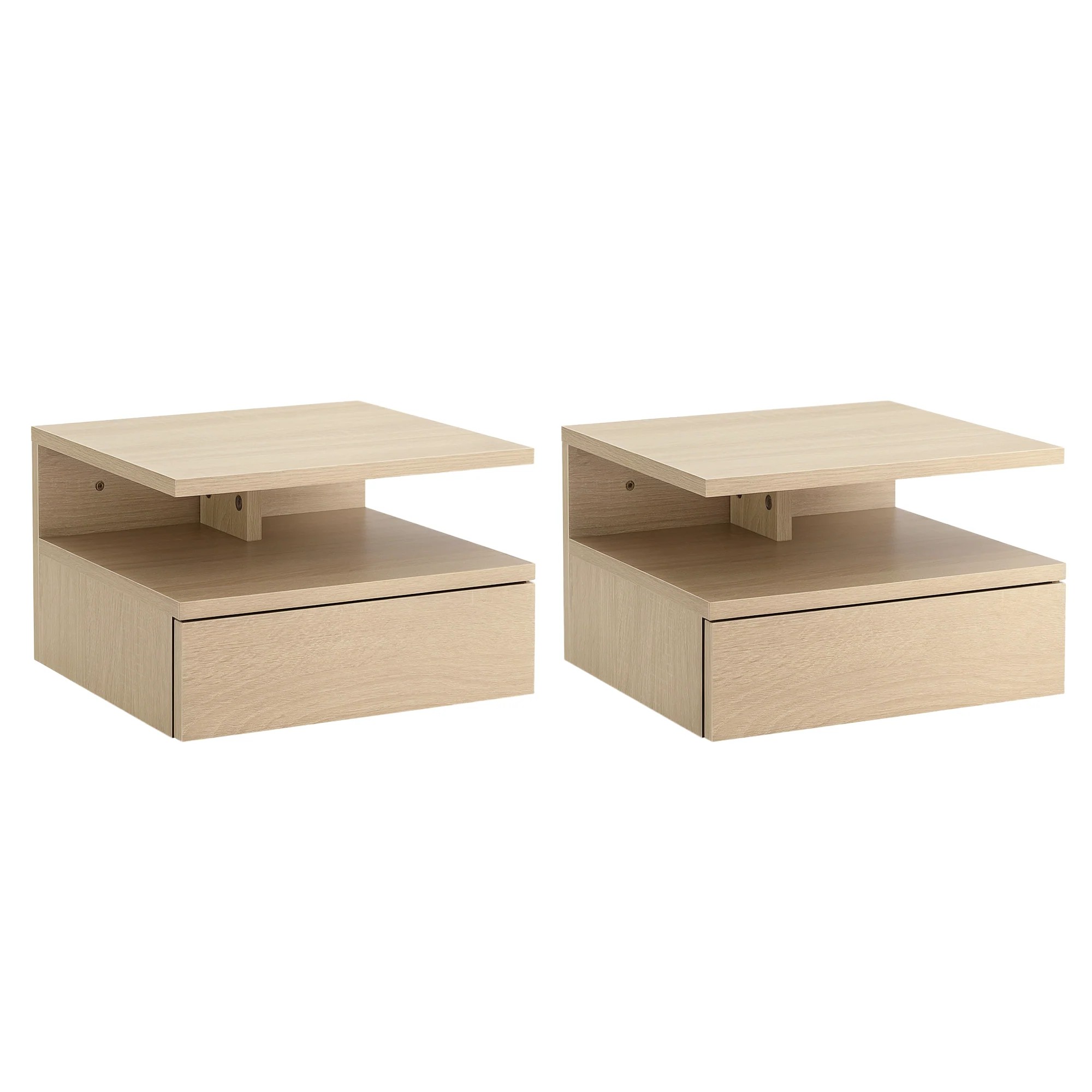 Lot de 2 Tables de Chevet murales - Lot de 2 Tables de Nuit - tiroir Coulissant, Niche, Plateau - en Bois Aspect chêne Clair et Noir - Image 11