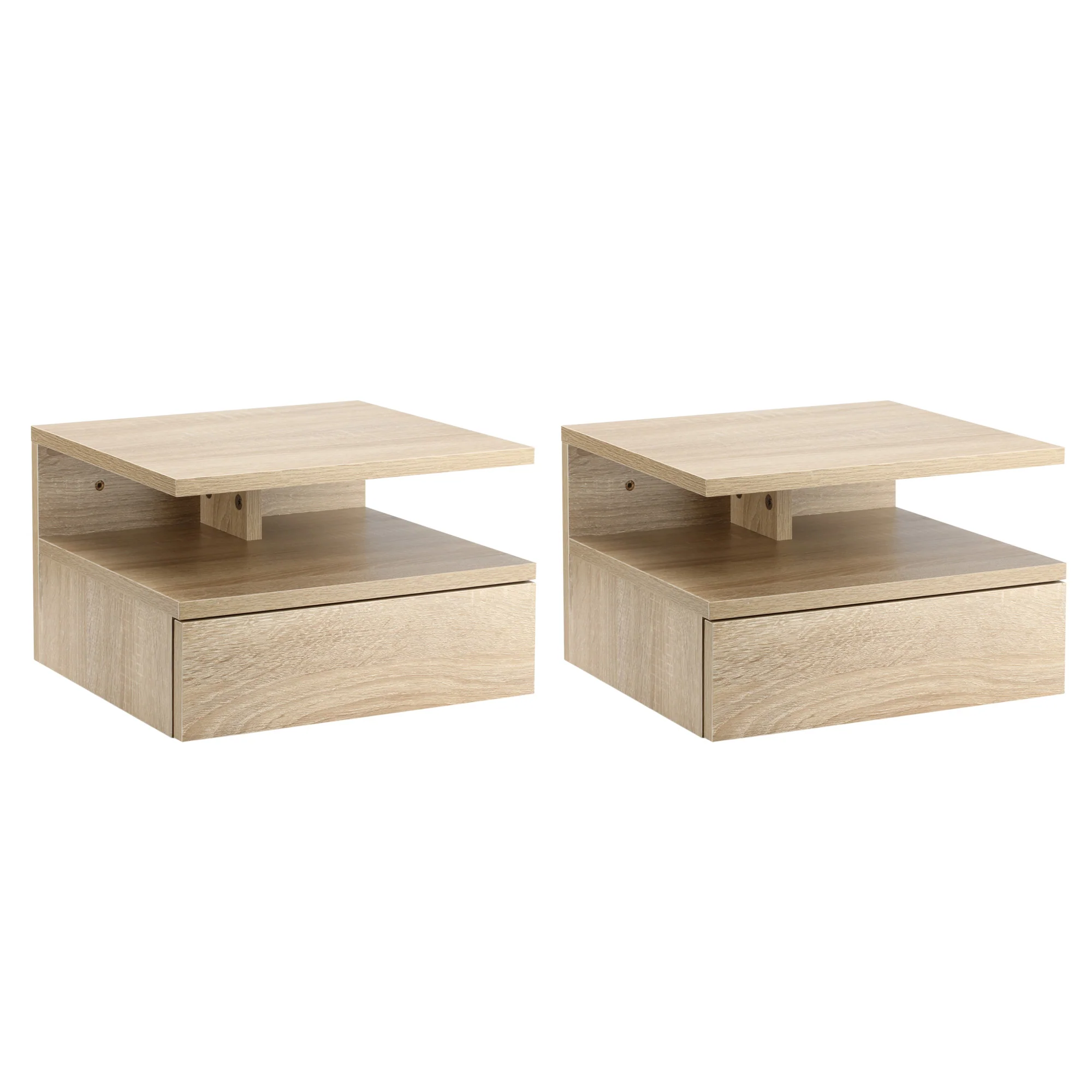 Lot de 2 Tables de Chevet murales - Lot de 2 Tables de Nuit - tiroir Coulissant, Niche, Plateau - en Bois Aspect chêne Clair et Noir - Image 2