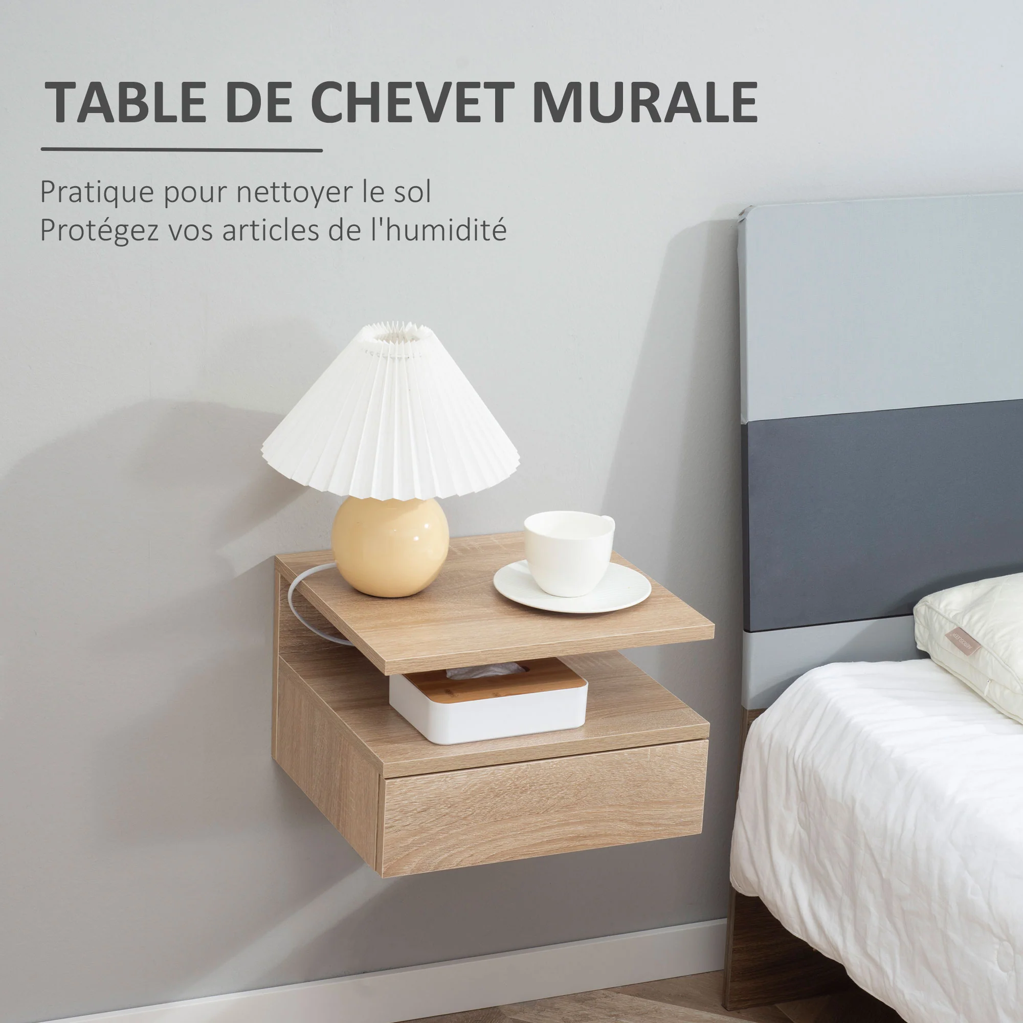 Lot de 2 Tables de Chevet murales - Lot de 2 Tables de Nuit - tiroir Coulissant, Niche, Plateau - en Bois Aspect chêne Clair et Noir - Image 5