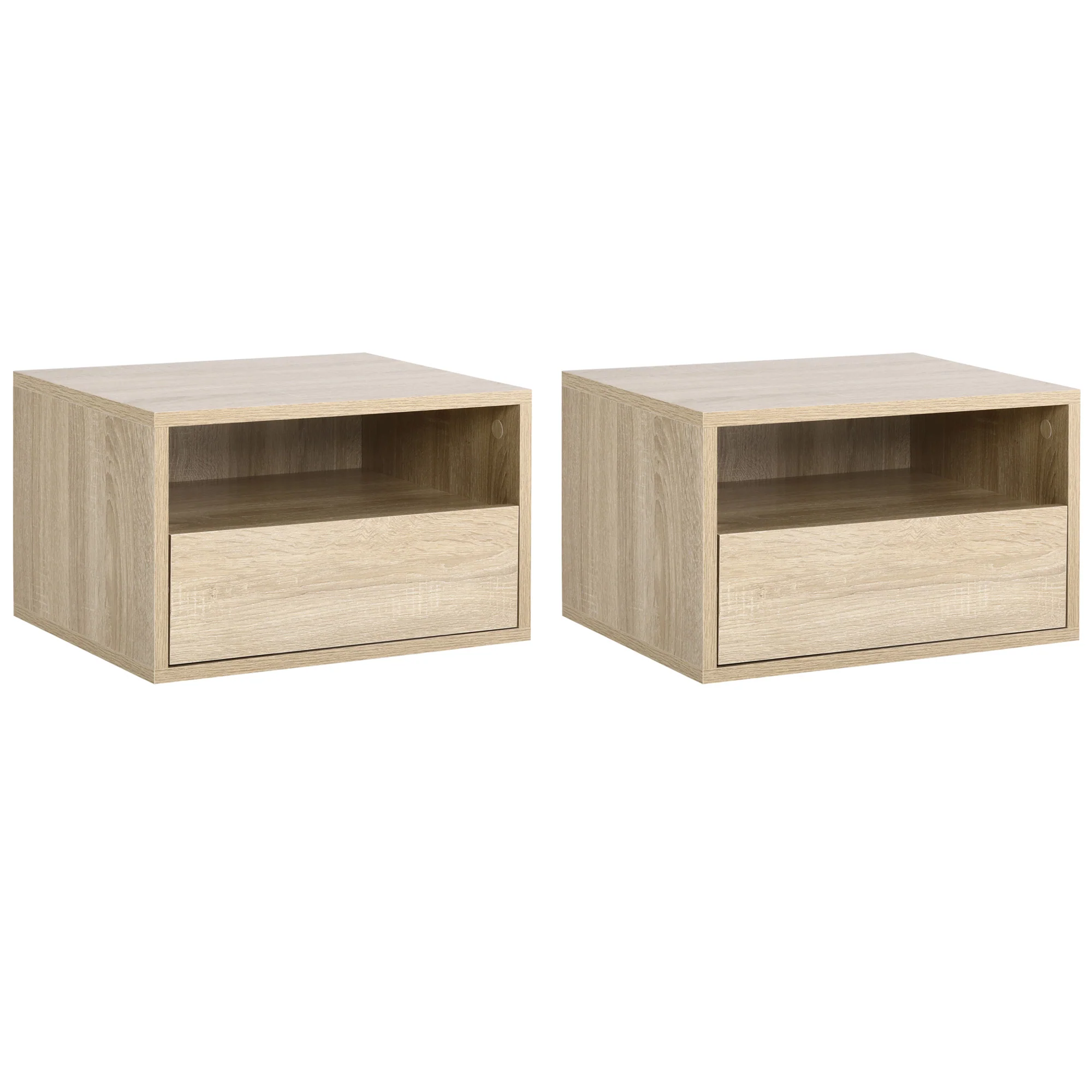 Lot de 2 Tables de Chevet murales - Lot de 2 Tables de Nuit - tiroir Coulissant, Niche, Plateau - Panneaux Particules Aspect chêne Clair - Image 2