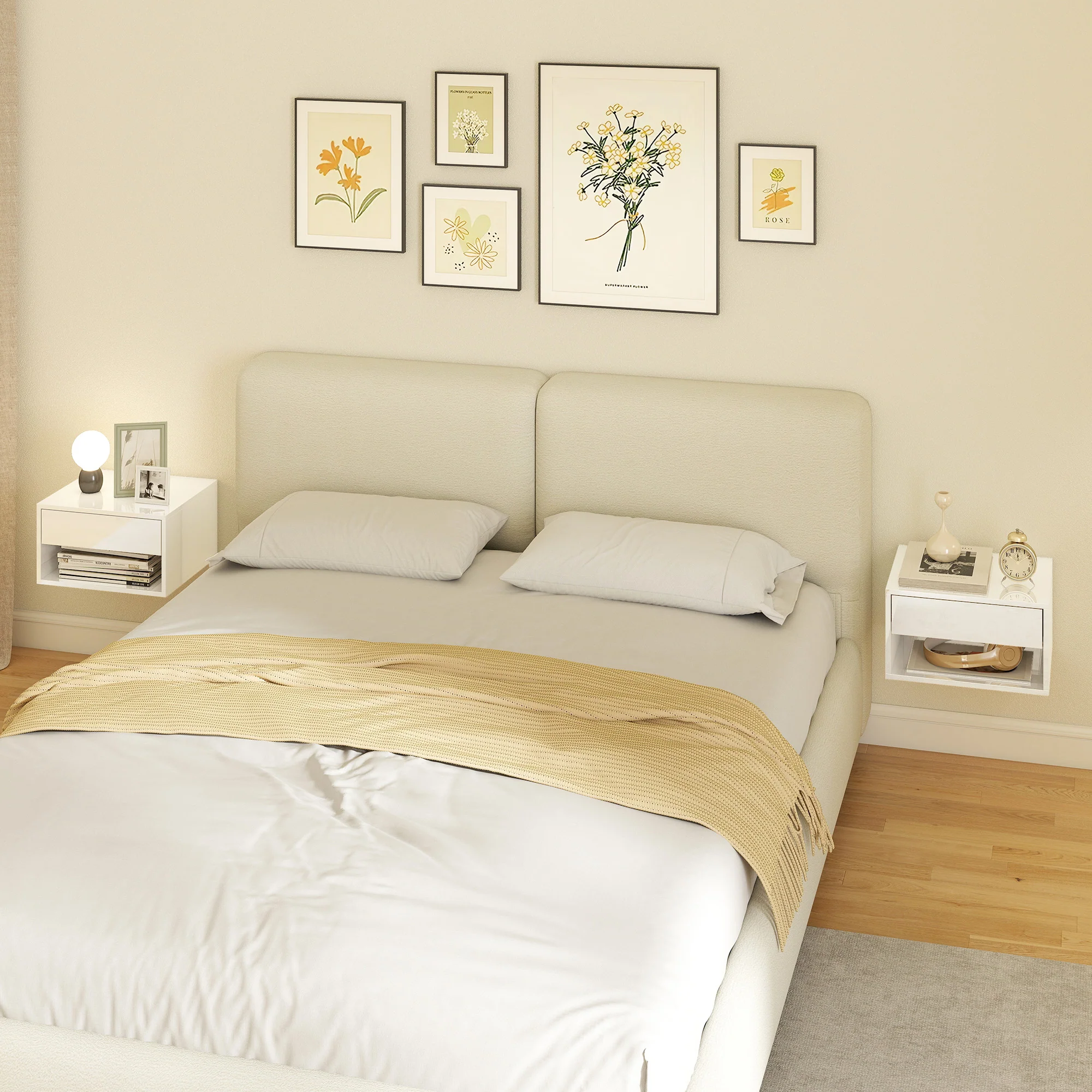 Lot de 2 tables de chevet murales, tables de nuit suspendues avec tiroir coulissant, compartiment ouvert, plateau, style moderne, 37 x 32 x 21 cm, blanc - Image 10