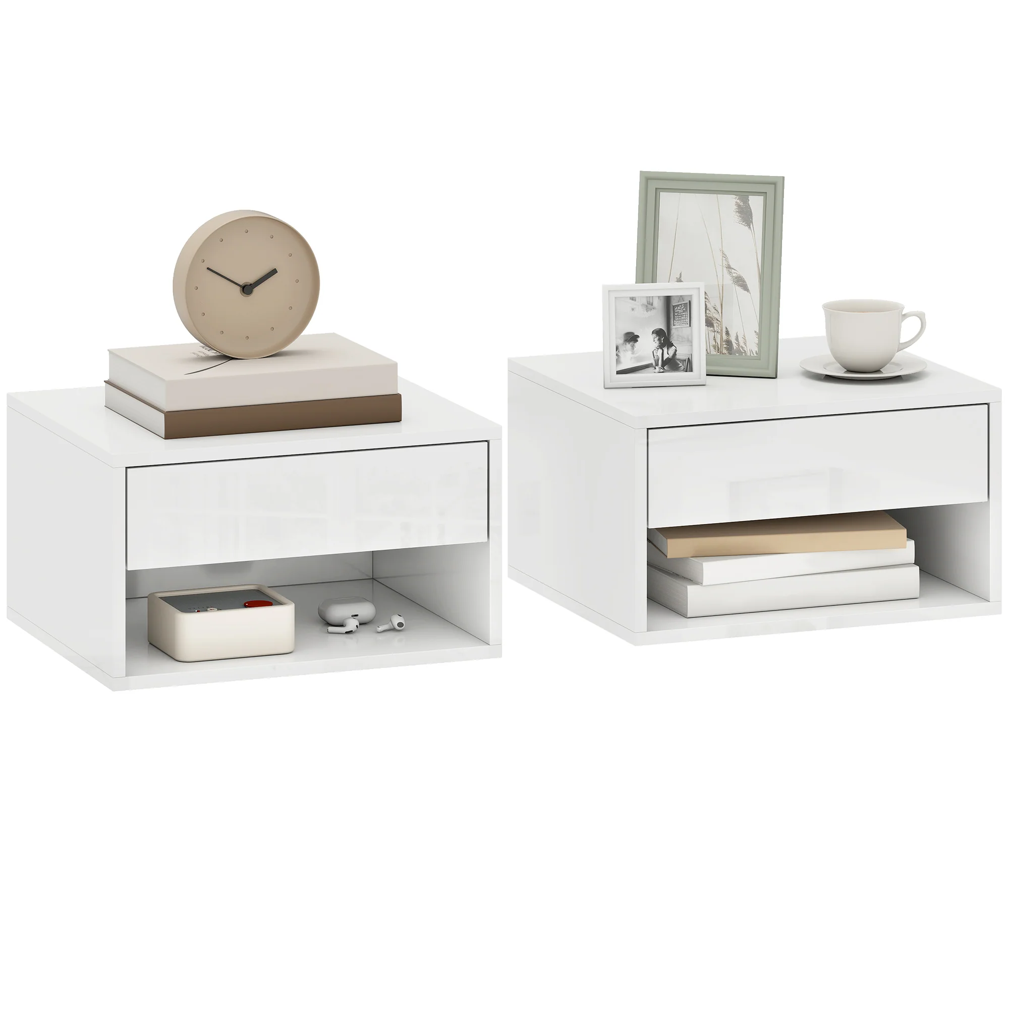 Lot de 2 tables de chevet murales, tables de nuit suspendues avec tiroir coulissant, compartiment ouvert, plateau, style moderne, 37 x 32 x 21 cm, blanc - Image 12