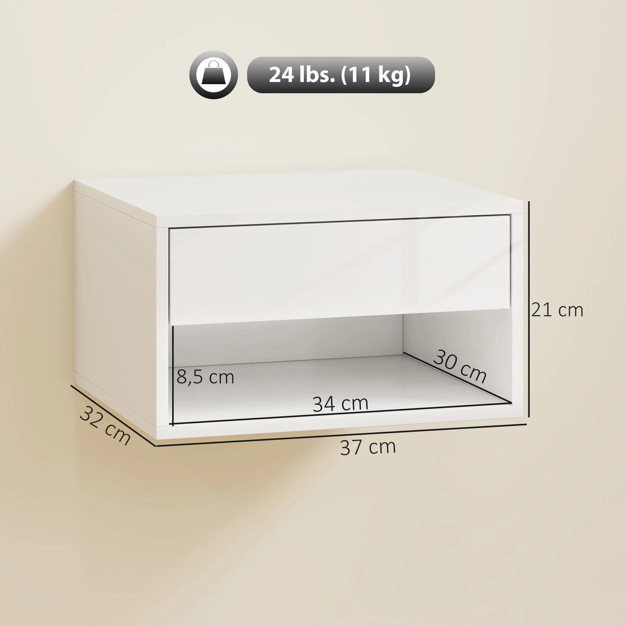 Lot de 2 tables de chevet murales, tables de nuit suspendues avec tiroir coulissant, compartiment ouvert, plateau, style moderne, 37 x 32 x 21 cm, blanc - Image 4
