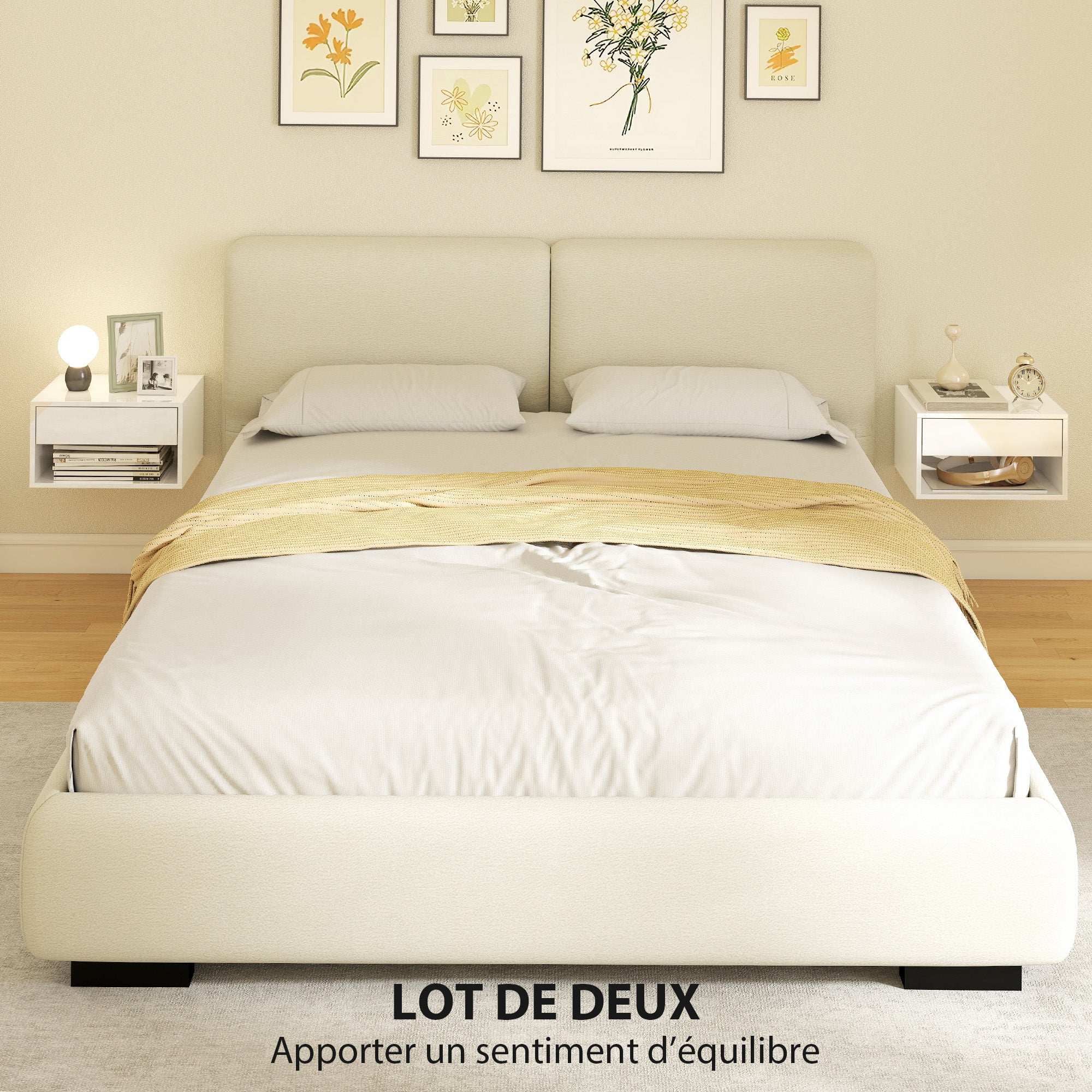 Lot de 2 tables de chevet murales, tables de nuit suspendues avec tiroir coulissant, compartiment ouvert, plateau, style moderne, 37 x 32 x 21 cm, blanc - Image 5
