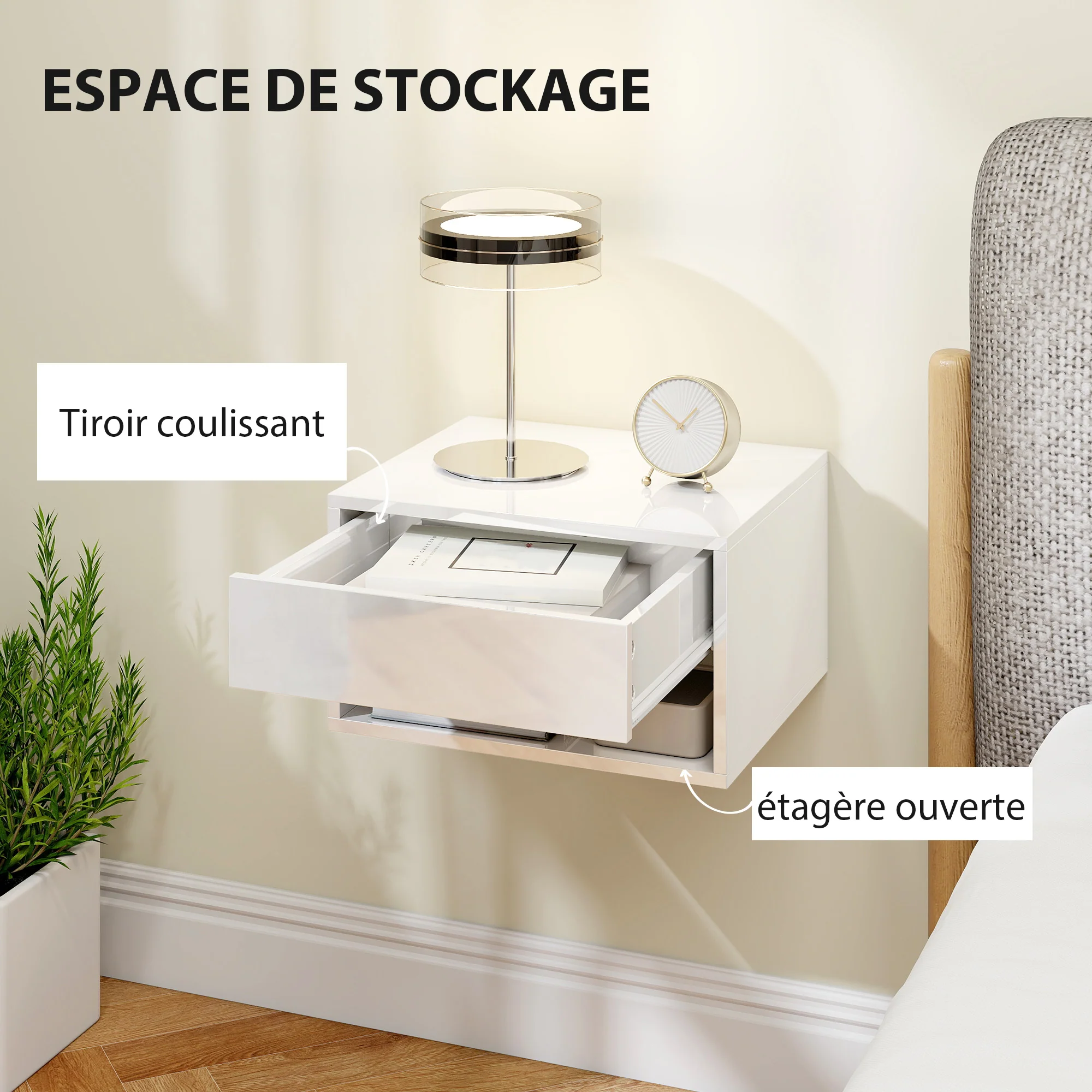 Lot de 2 tables de chevet murales, tables de nuit suspendues avec tiroir coulissant, compartiment ouvert, plateau, style moderne, 37 x 32 x 21 cm, blanc - Image 7