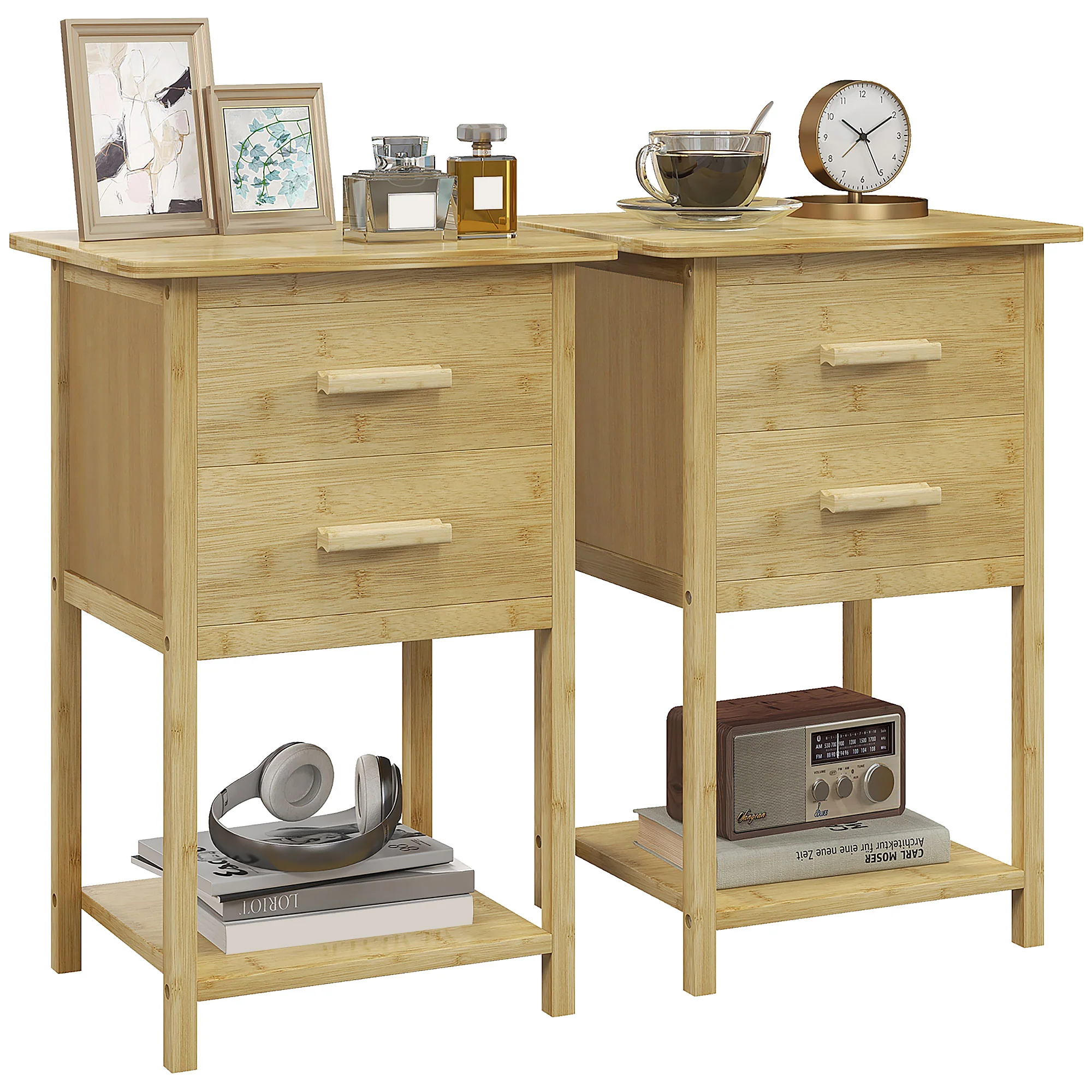 Lot de 2 tables de chevet, table de nuit, en bambou, table d'appoint avec 2 tiroirs et 1 étagère, style scandinave, 40 x 34 x 60 cm, naturel - Image 11