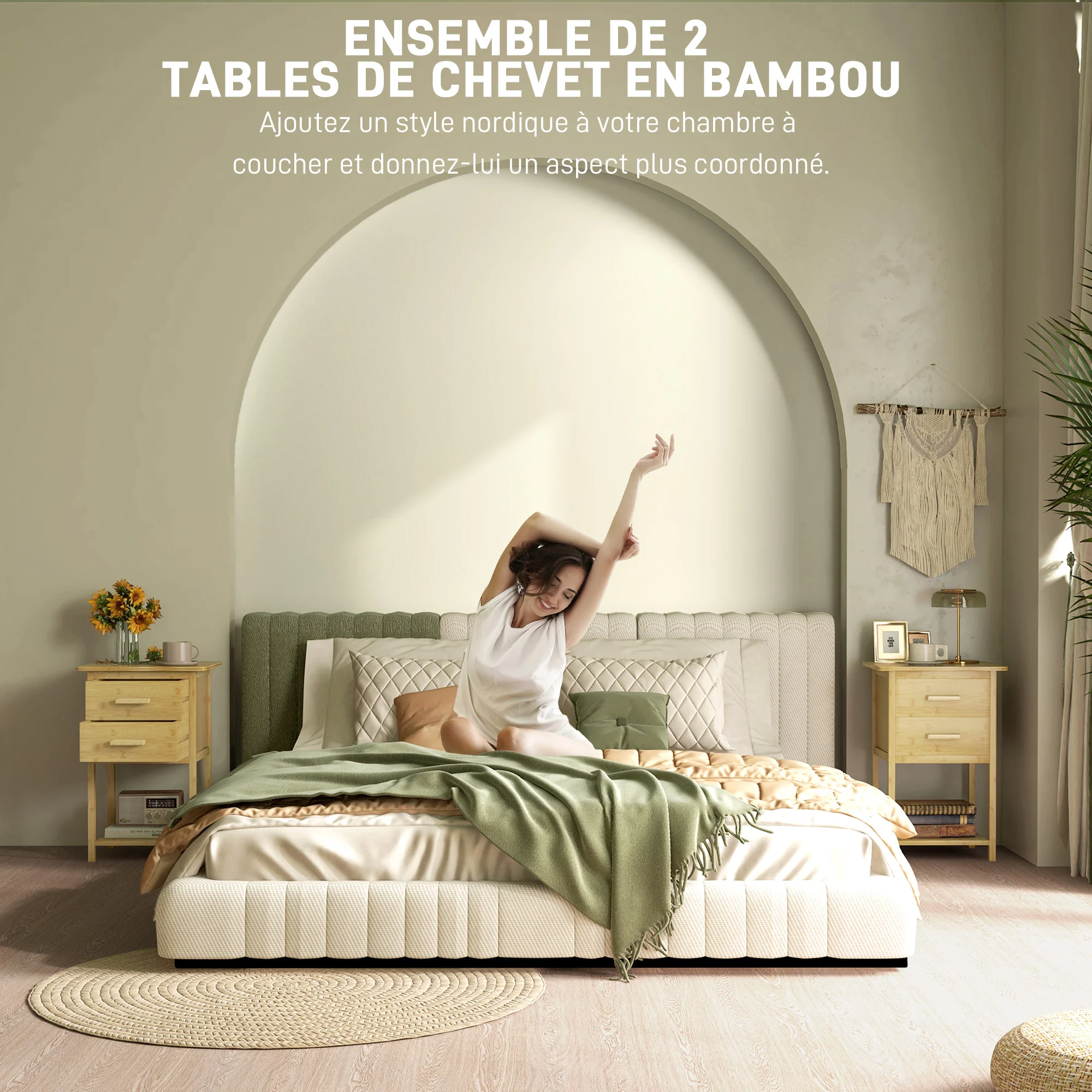 Lot de 2 tables de chevet, table de nuit, en bambou, table d'appoint avec 2 tiroirs et 1 étagère, style scandinave, 40 x 34 x 60 cm, naturel - Image 5