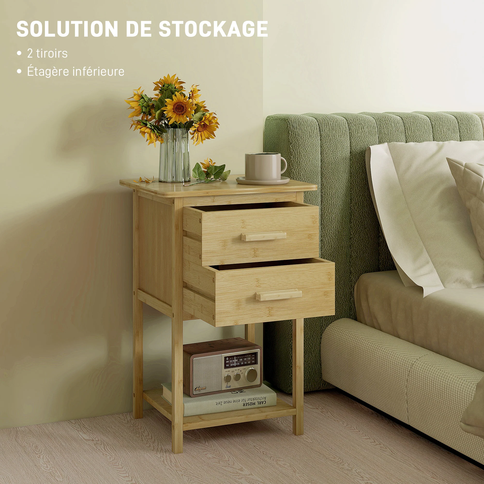 Lot de 2 tables de chevet, table de nuit, en bambou, table d'appoint avec 2 tiroirs et 1 étagère, style scandinave, 40 x 34 x 60 cm, naturel - Image 6