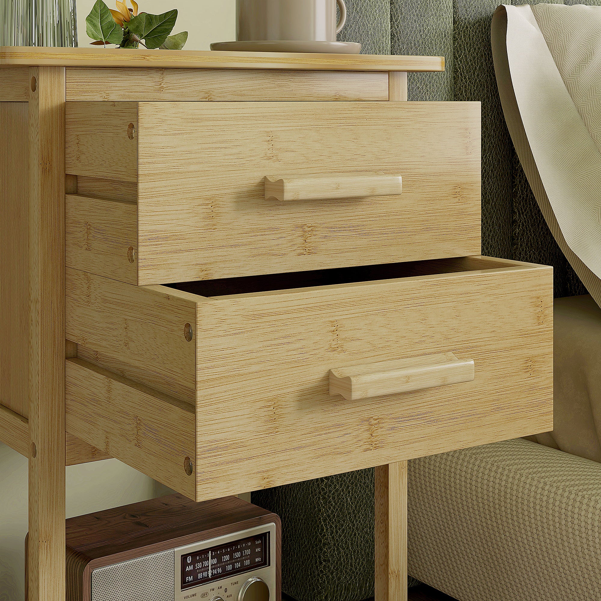 Lot de 2 tables de chevet, table de nuit, en bambou, table d'appoint avec 2 tiroirs et 1 étagère, style scandinave, 40 x 34 x 60 cm, naturel - Image 9