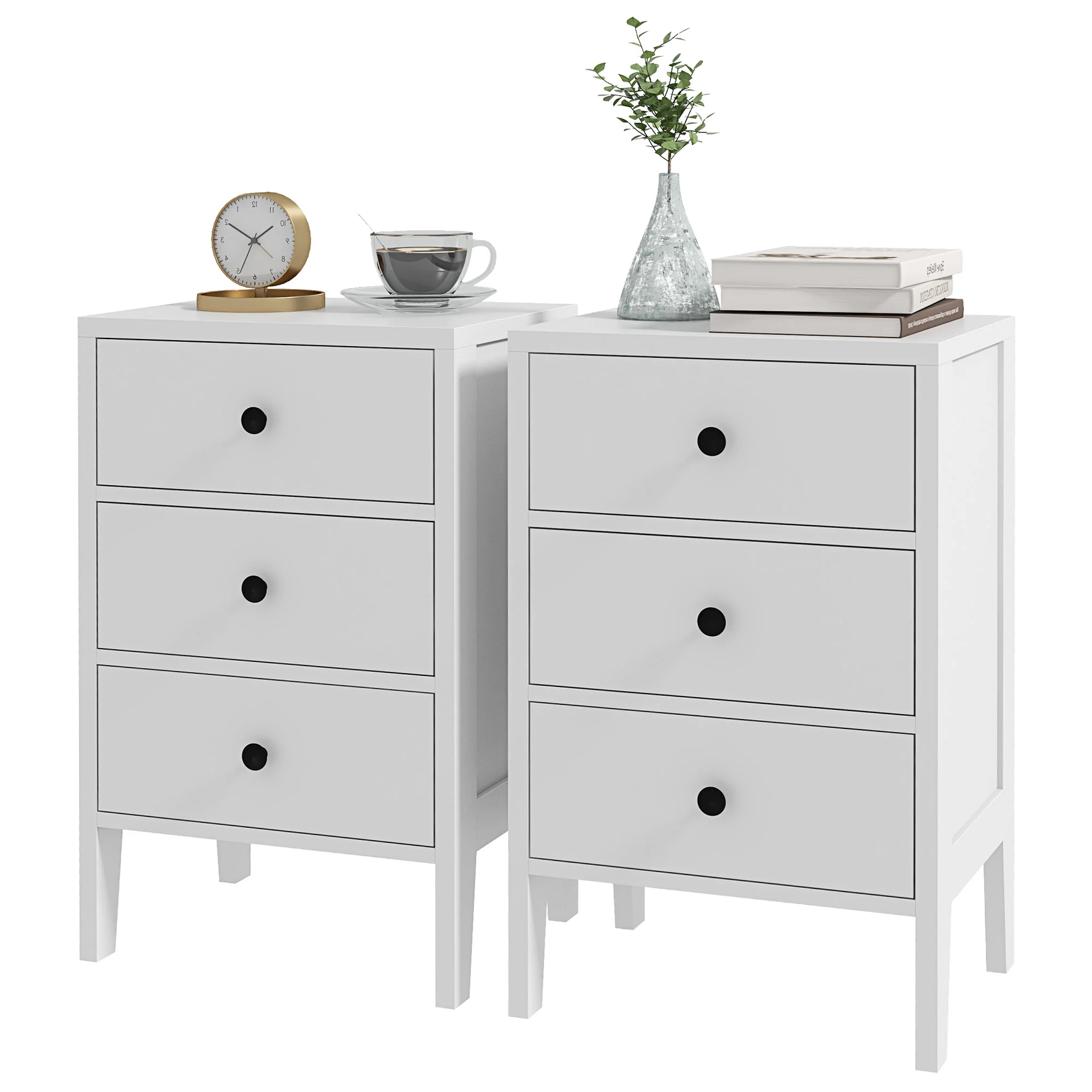 Lot de 2 tables de chevet, tables d'appoint, table de nuit avec 3 tiroirs pour chambre en bois dim. 40L x 30l x 64H cm blanc