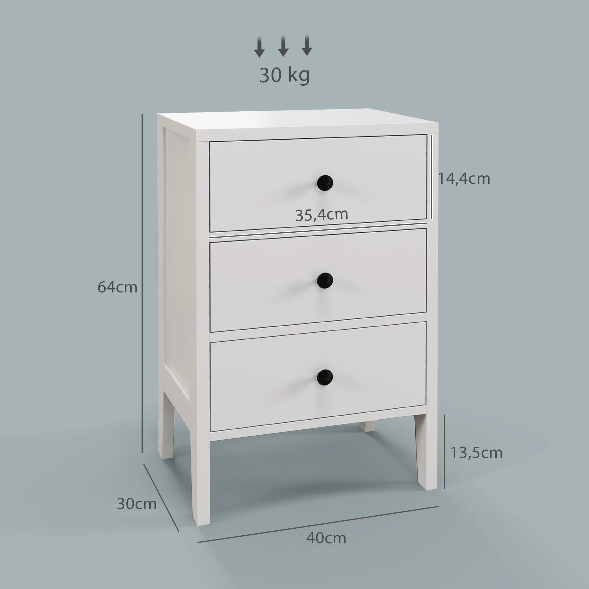 Lot de 2 tables de chevet, tables d'appoint, table de nuit avec 3 tiroirs pour chambre en bois dim. 40L x 30l x 64H cm blanc - Image 4