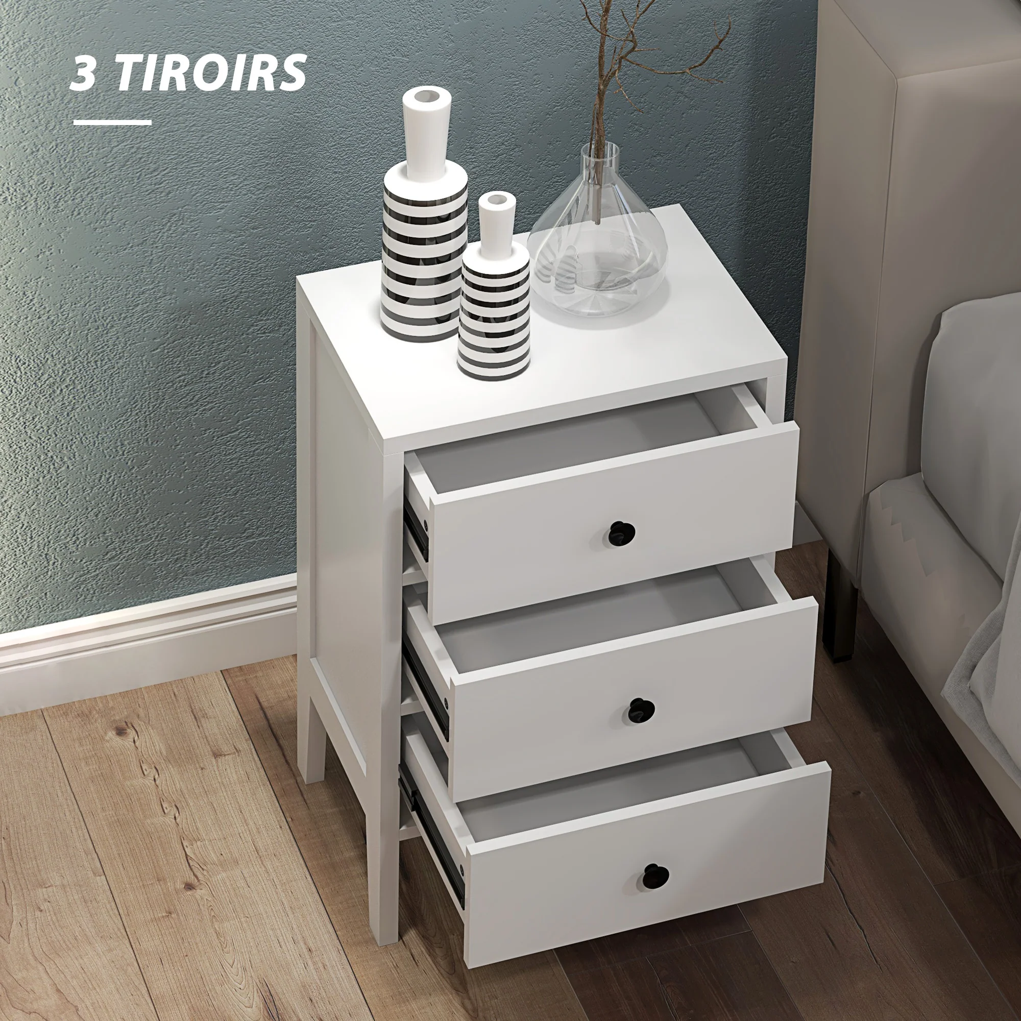 Lot de 2 tables de chevet, tables d'appoint, table de nuit avec 3 tiroirs pour chambre en bois dim. 40L x 30l x 64H cm blanc - Image 5