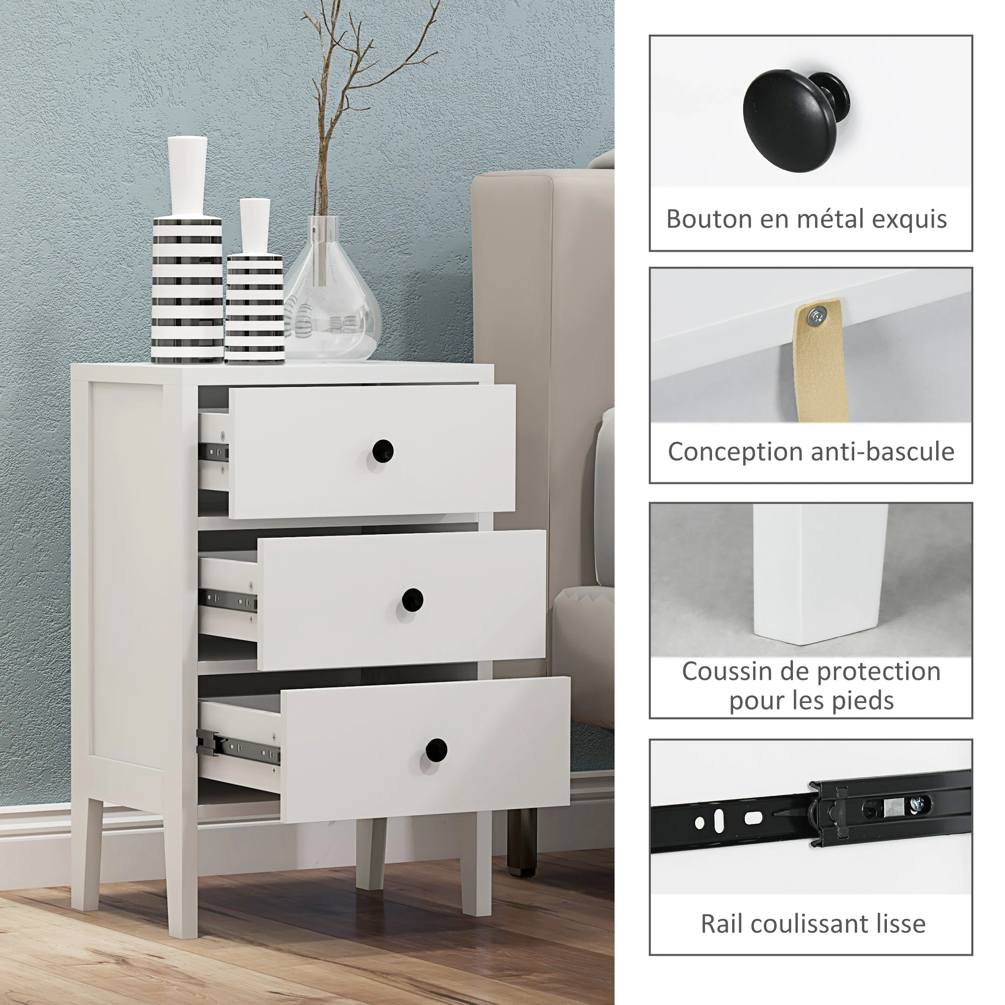 Lot de 2 tables de chevet, tables d'appoint, table de nuit avec 3 tiroirs pour chambre en bois dim. 40L x 30l x 64H cm blanc - Image 6