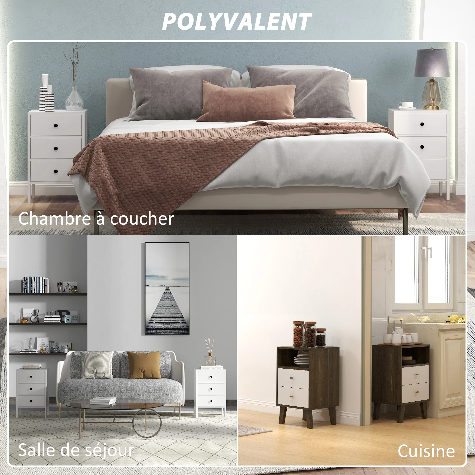 Lot de 2 tables de chevet, tables d'appoint, table de nuit avec 3 tiroirs pour chambre en bois dim. 40L x 30l x 64H cm blanc - Image 7