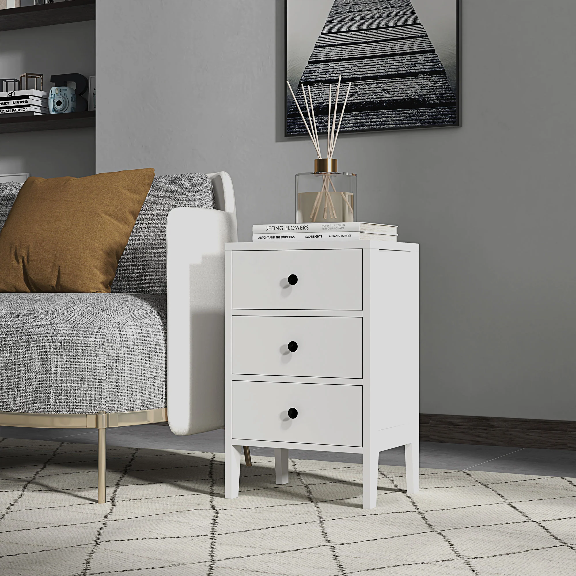 Lot de 2 tables de chevet, tables d'appoint, table de nuit avec 3 tiroirs pour chambre en bois dim. 40L x 30l x 64H cm blanc - Image 8