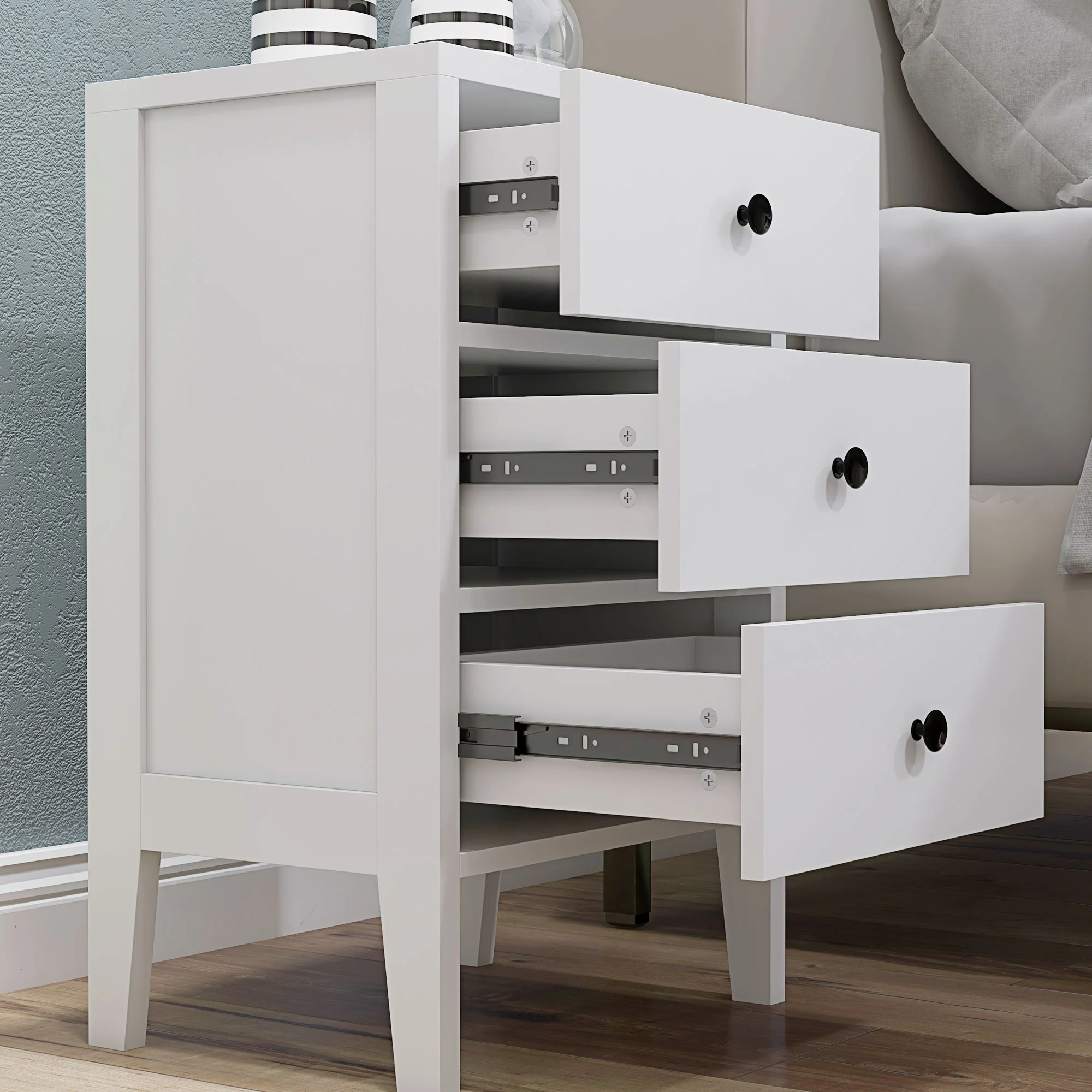 Lot de 2 tables de chevet, tables d'appoint, table de nuit avec 3 tiroirs pour chambre en bois dim. 40L x 30l x 64H cm blanc - Image 9