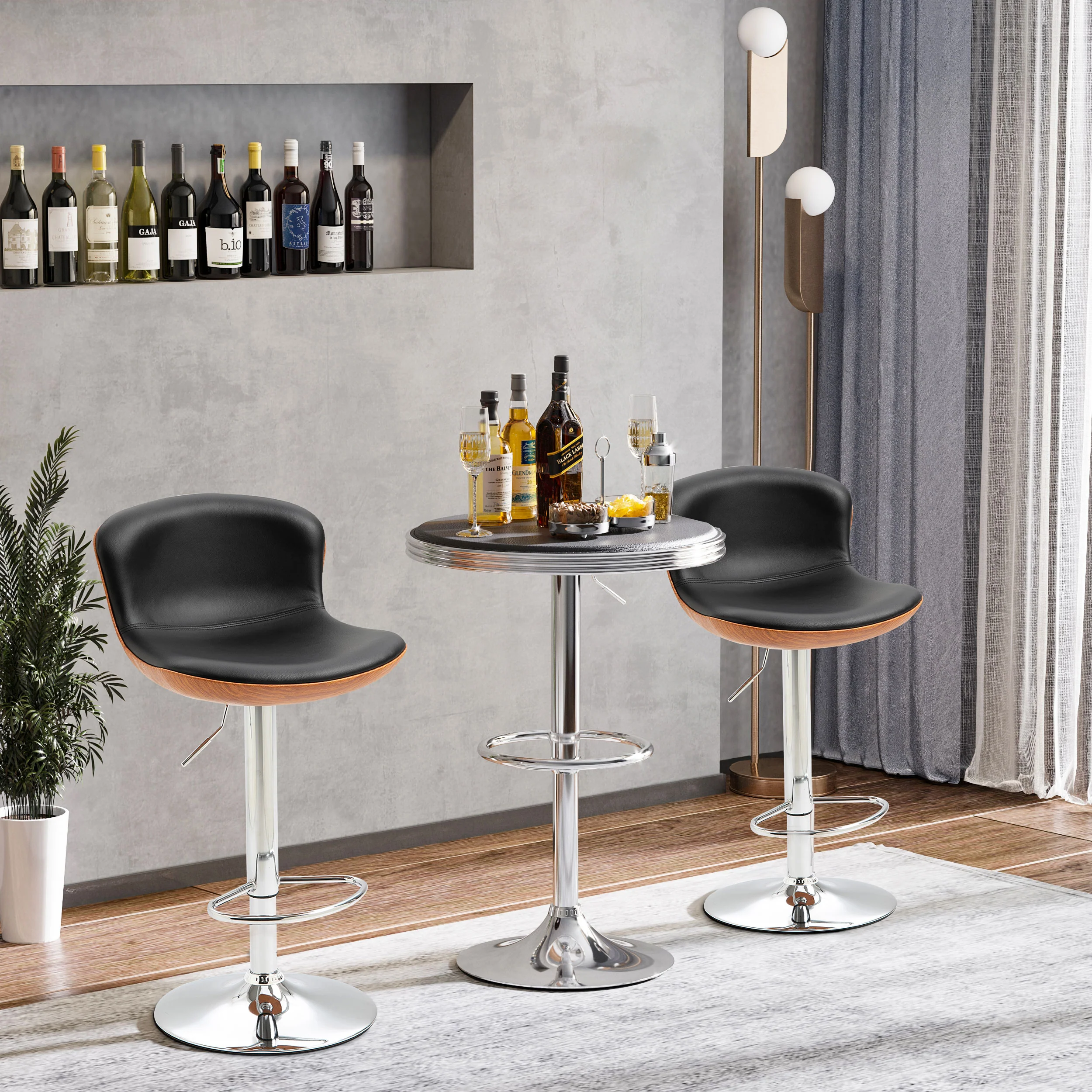 Lot de 2 Tabouret de Bar Design Contemporain Hauteur d'assise réglable 64-85 cm pivotant 360° revêtement synthétique Noir Imitation Bois - Image 3