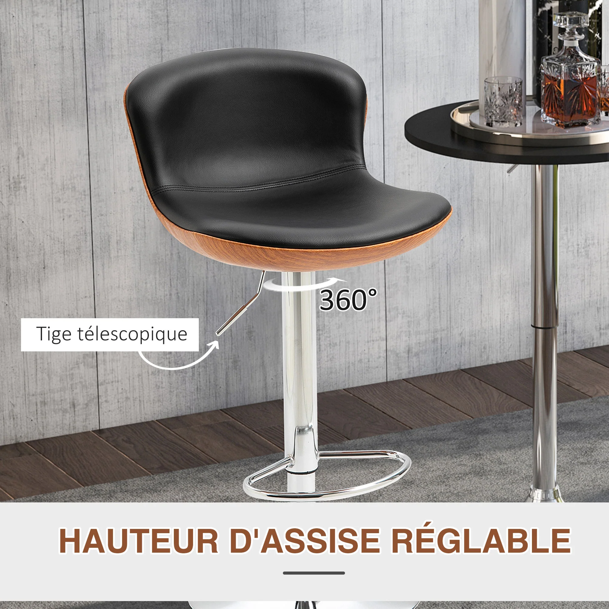 Lot de 2 Tabouret de Bar Design Contemporain Hauteur d'assise réglable 64-85 cm pivotant 360° revêtement synthétique Noir Imitation Bois - Image 6